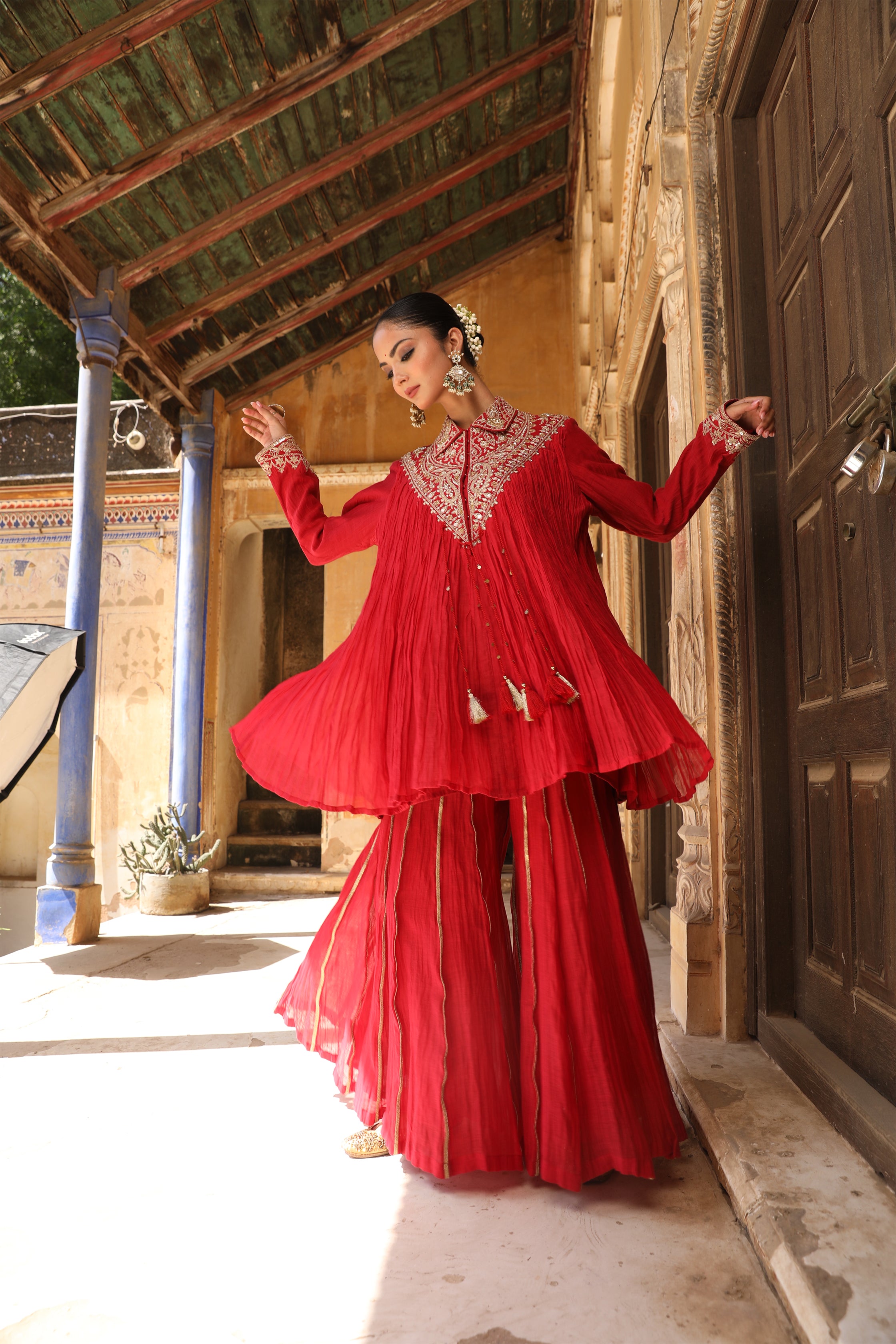 Ruhani Sharara Set in Red with Marodi Handwork