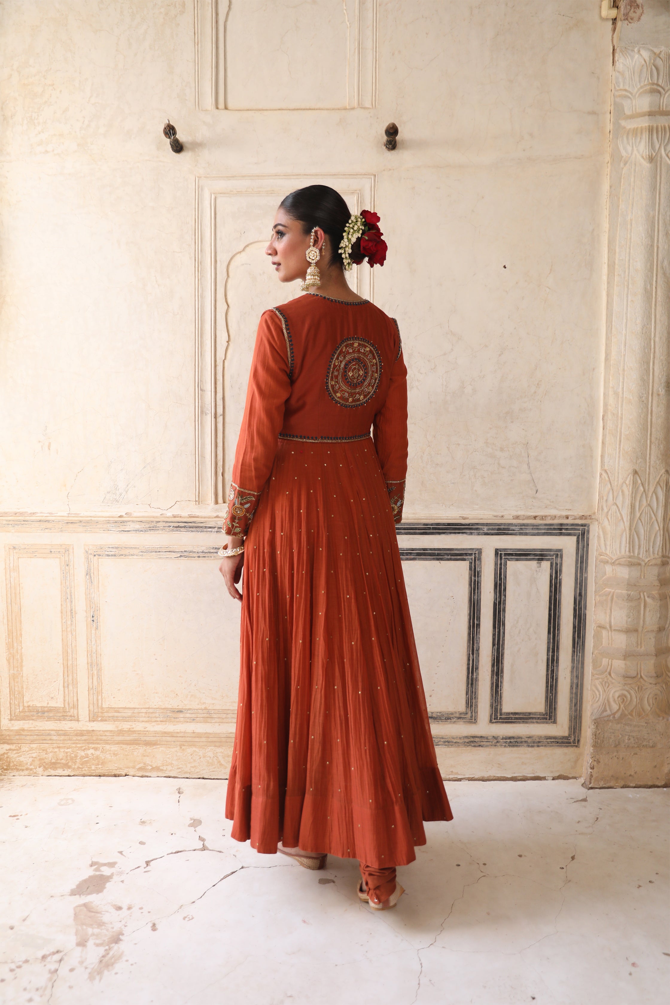 Serene Anarkali Set in Brick Rust with Thread Aari Handwork