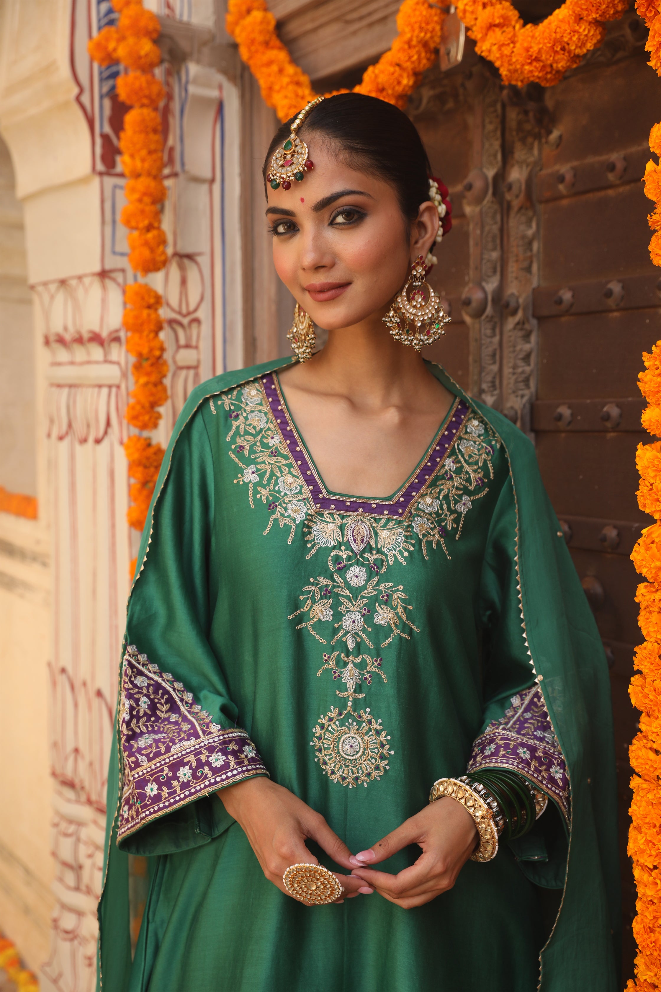 Heena Suit Set in Teal Green with Hand Pitta and Handwork Embroidery