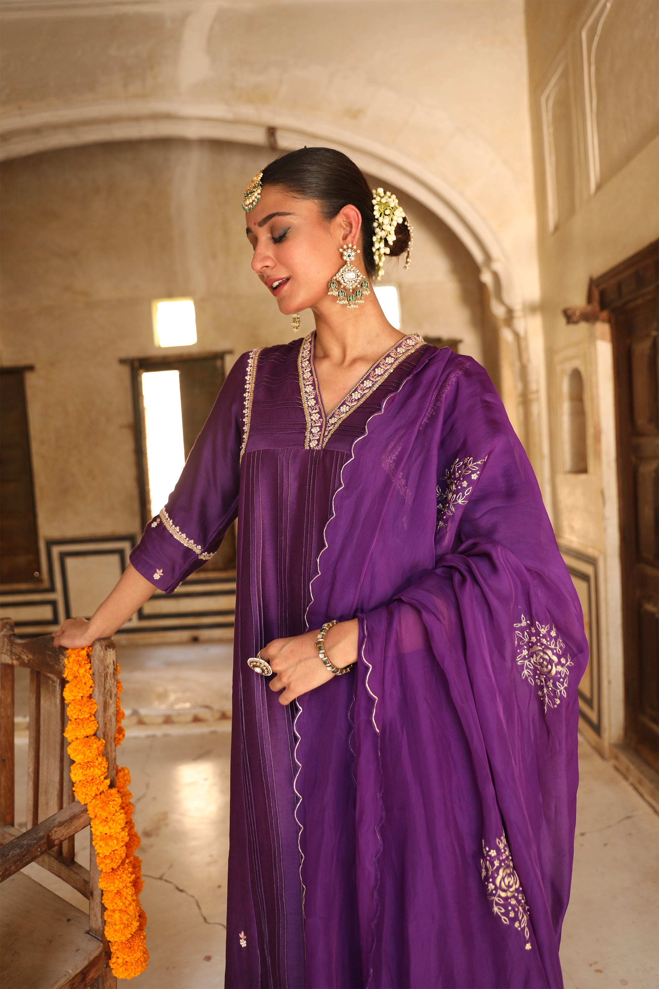 Kashvi A-Line Suit Set in Purple with Zardosi Handwork