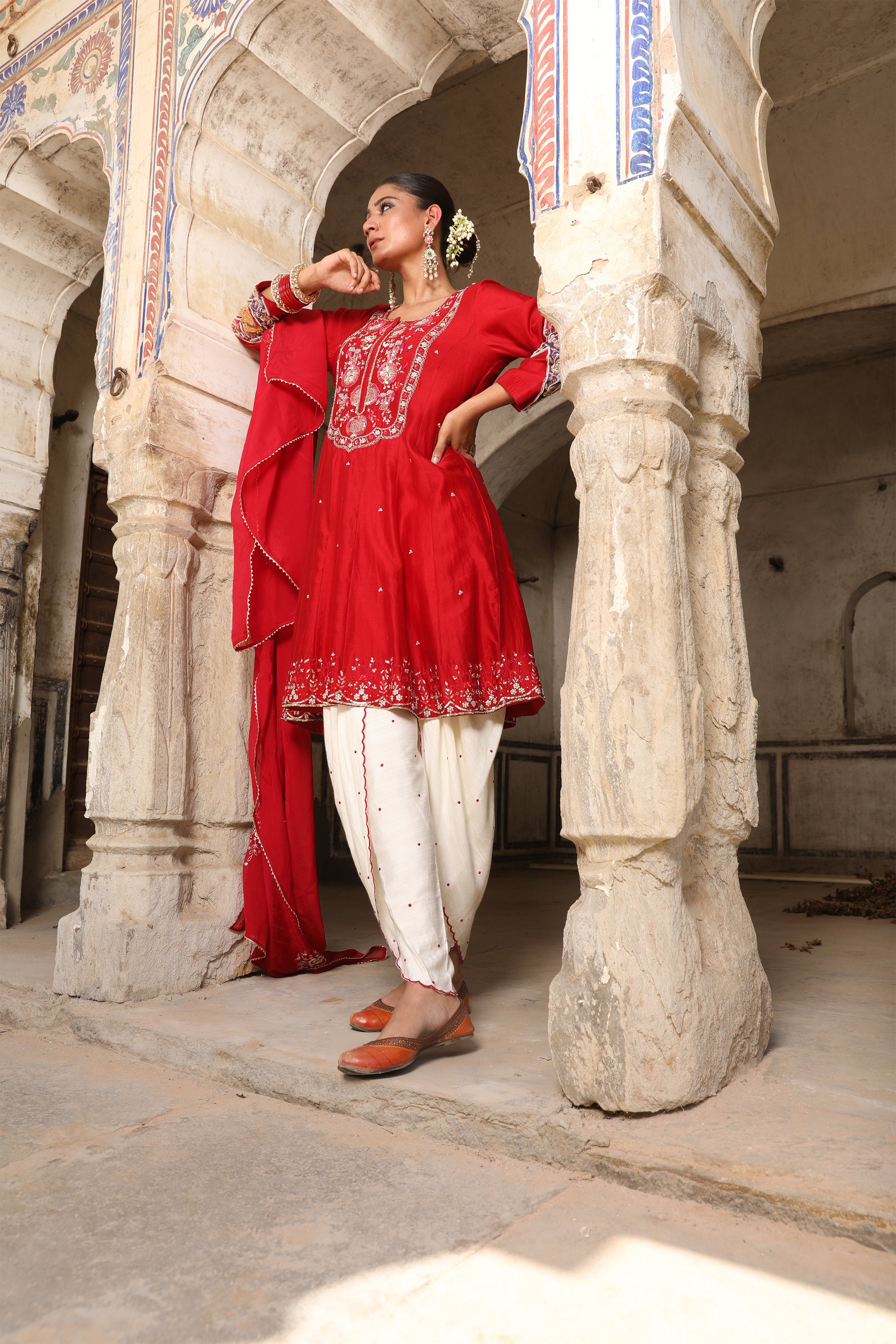 Zaheen Short Anarkali Set in Red with Aari Zardosi Handwork