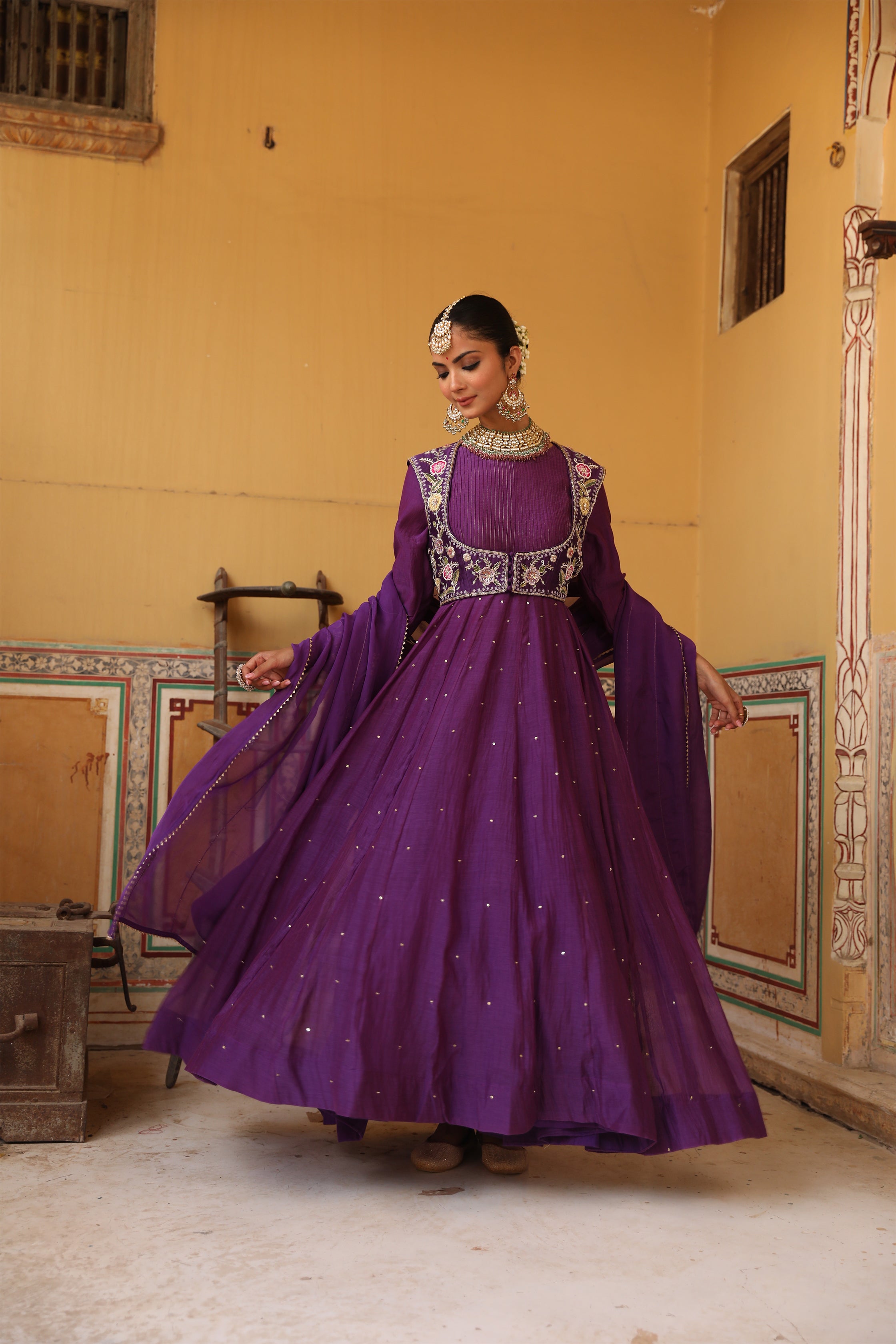 Kashni Anarkali Set in Purple with Thread Aari and Zardosi Handwork