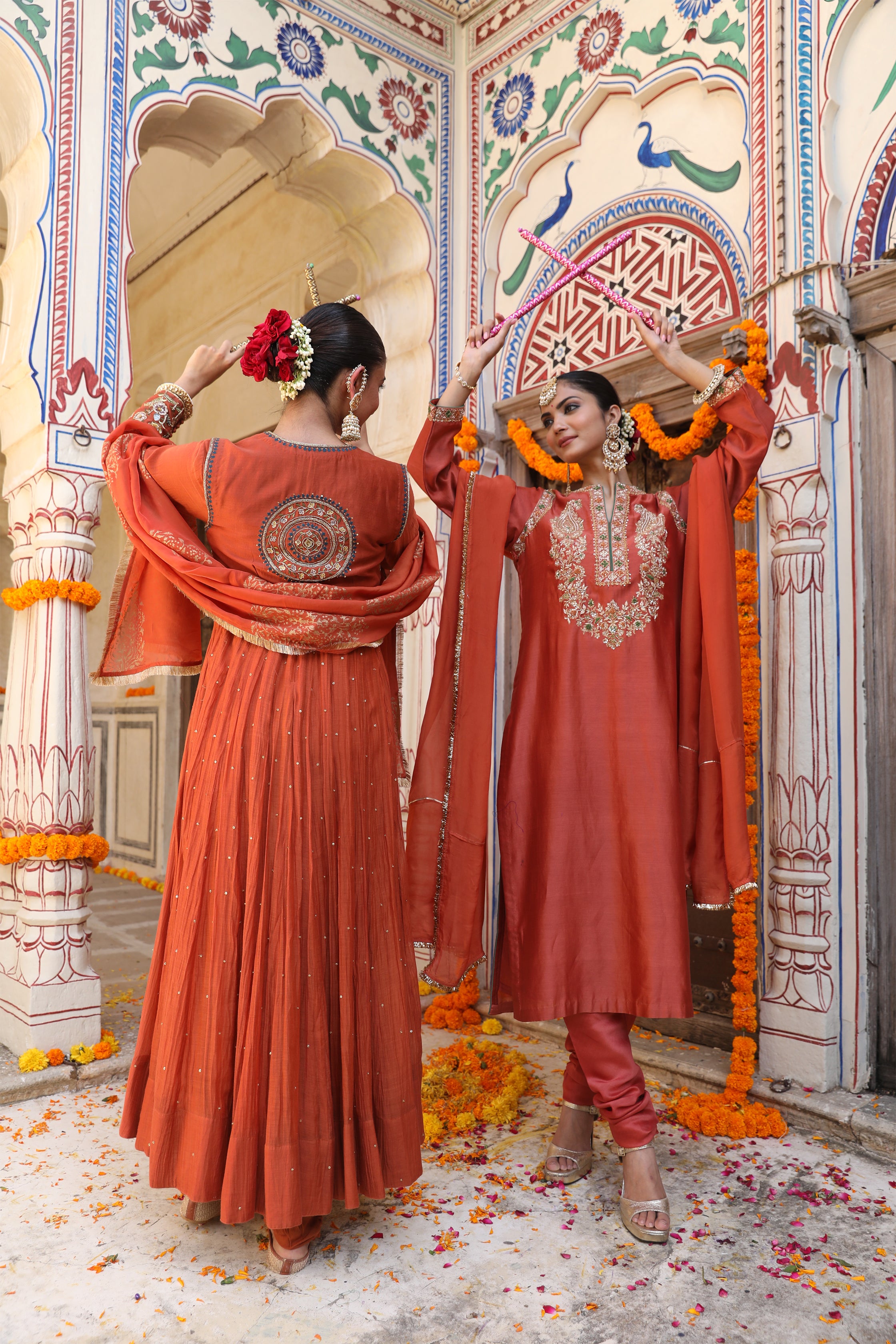 Straight Suit Set in Brick Rust with Zardosi Handwork