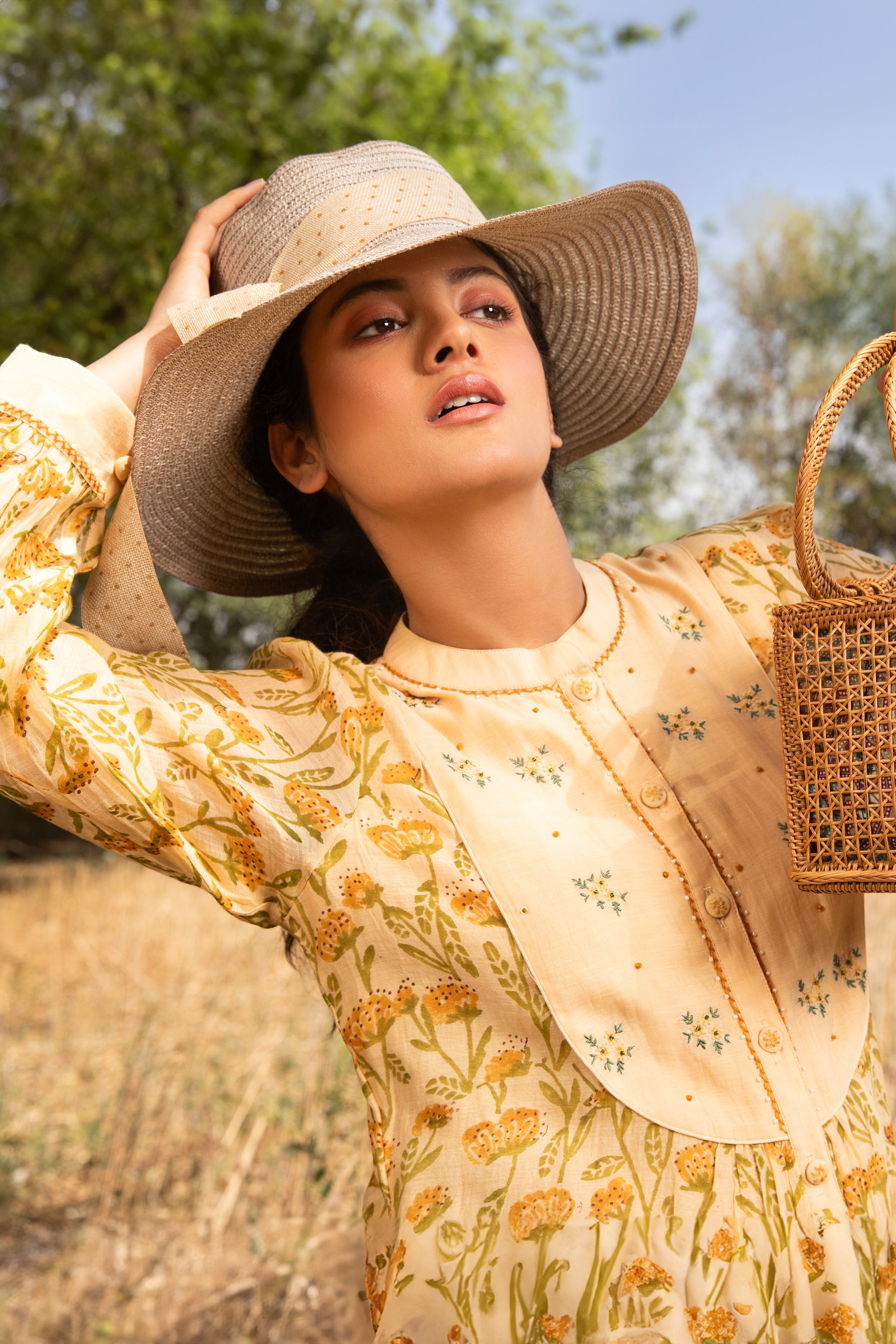 Yellow Solid Dress with Embroidered Yoke and Full Sleeves