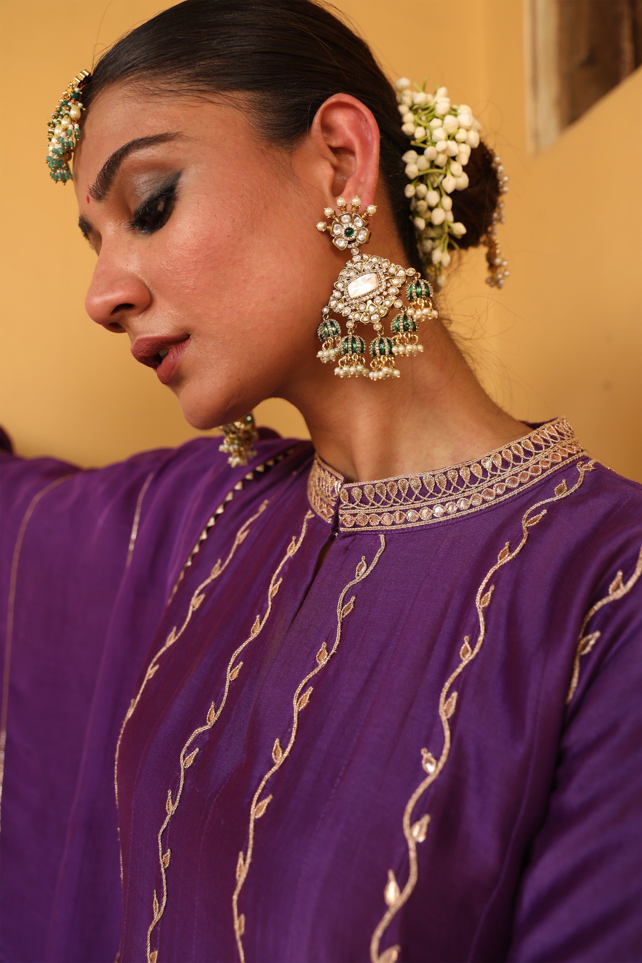 Kundan Anarkali Set in Purple with Gota Handwork