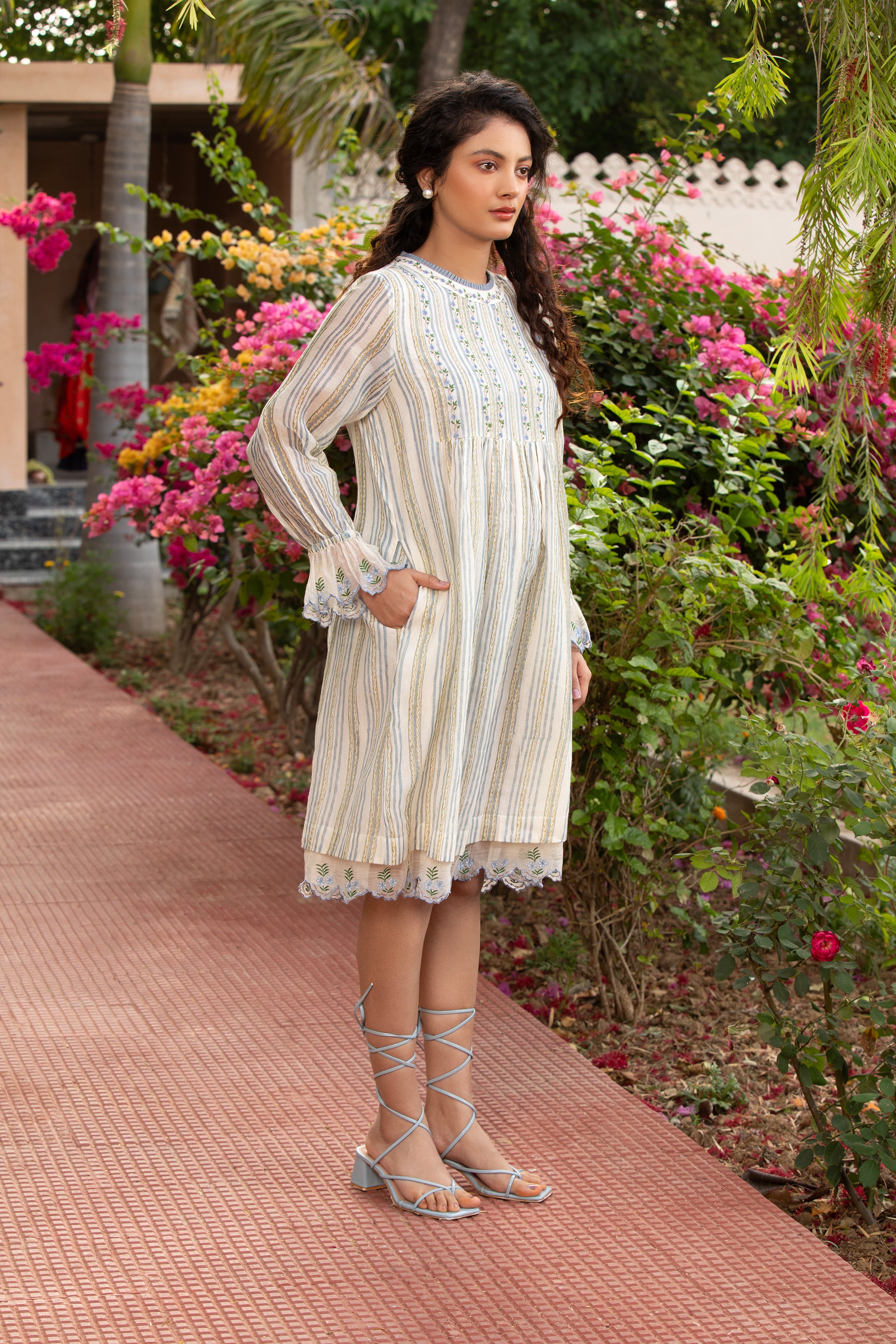 Short Frill Dress in Off White with Embroidered Yoke and Sleeves