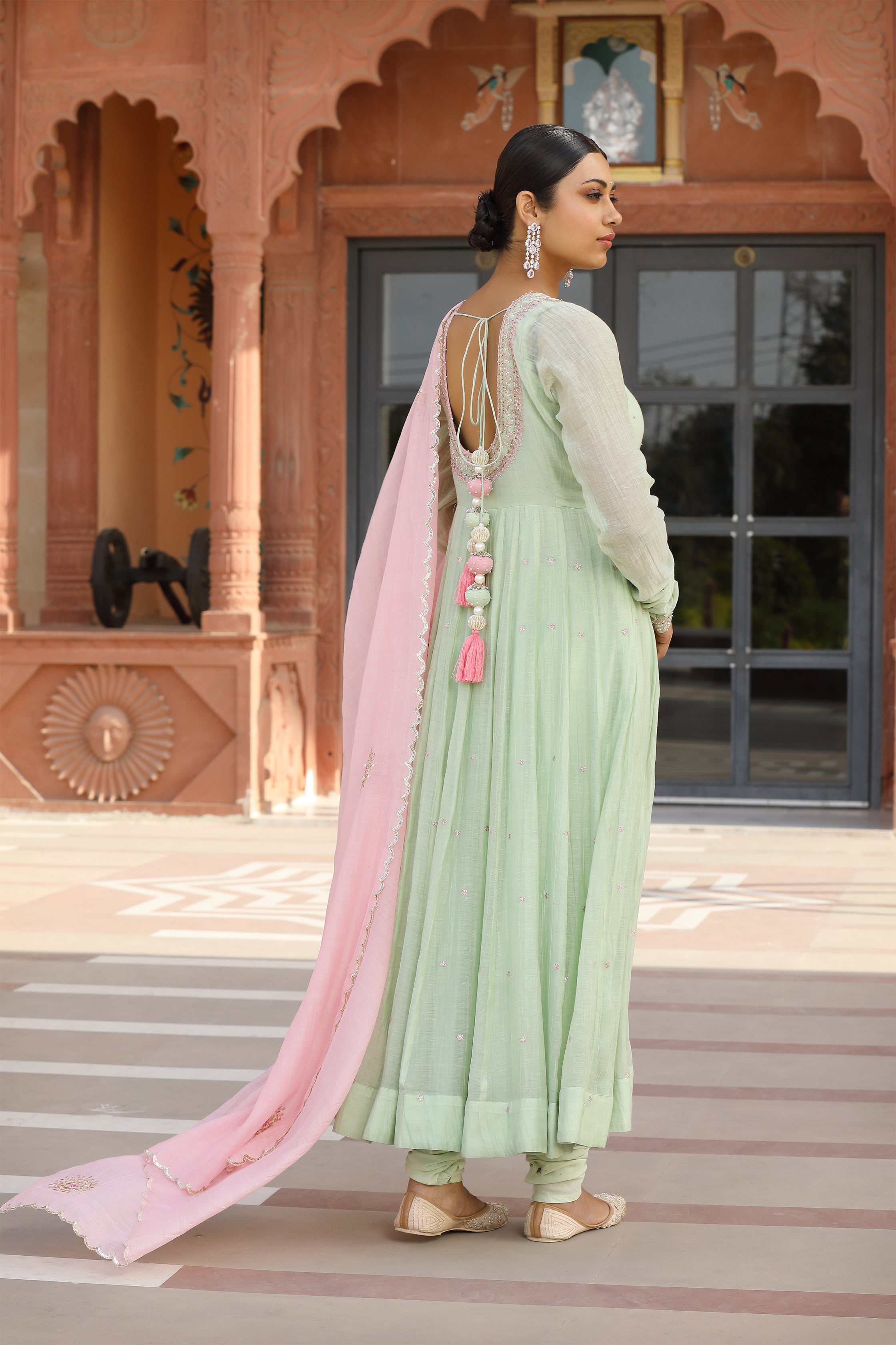 Green Anarkali Set in Lime Green with Contrast Dupatta