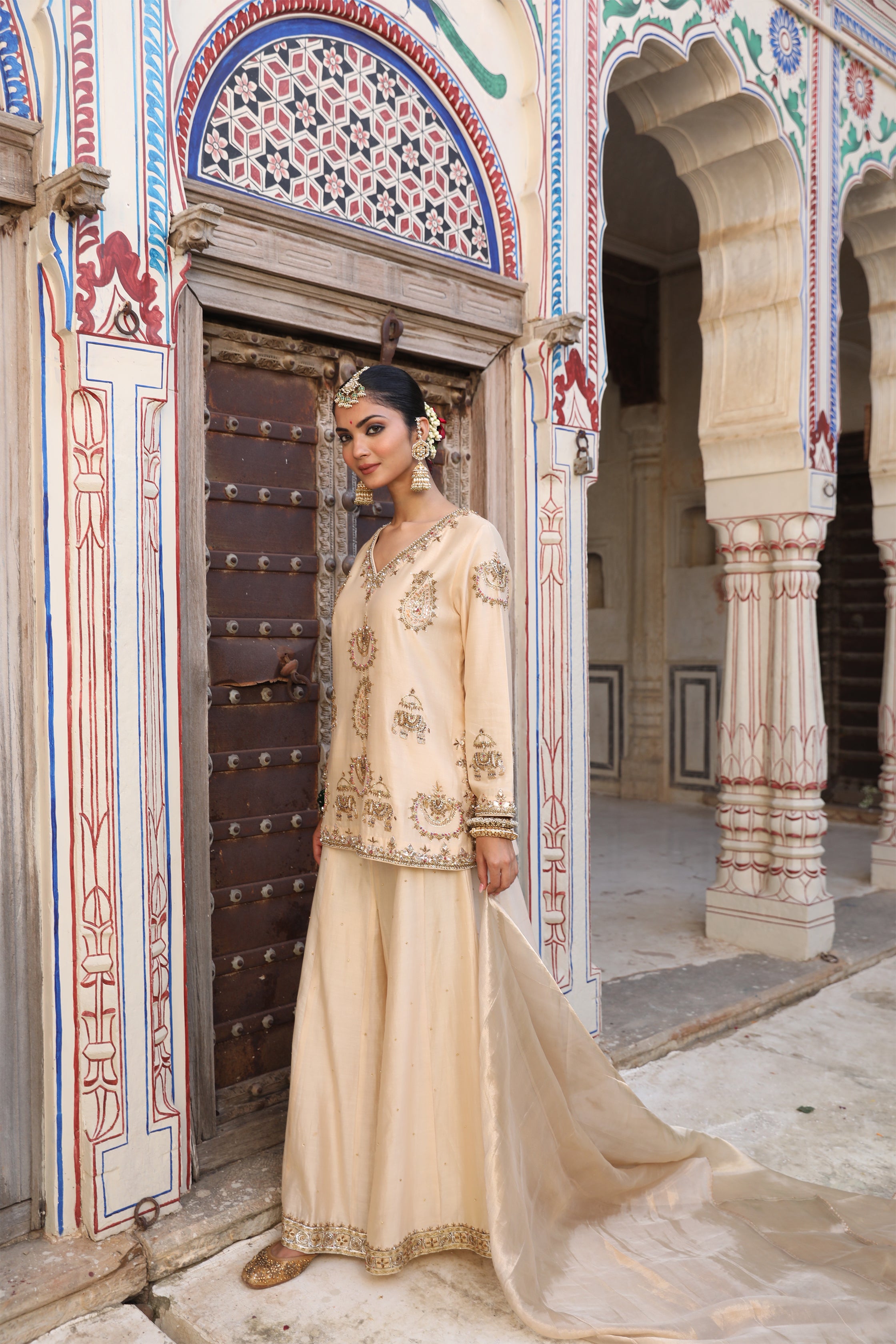 Gaj Sharara Set in Beige with Gota and Zardosi Handwork