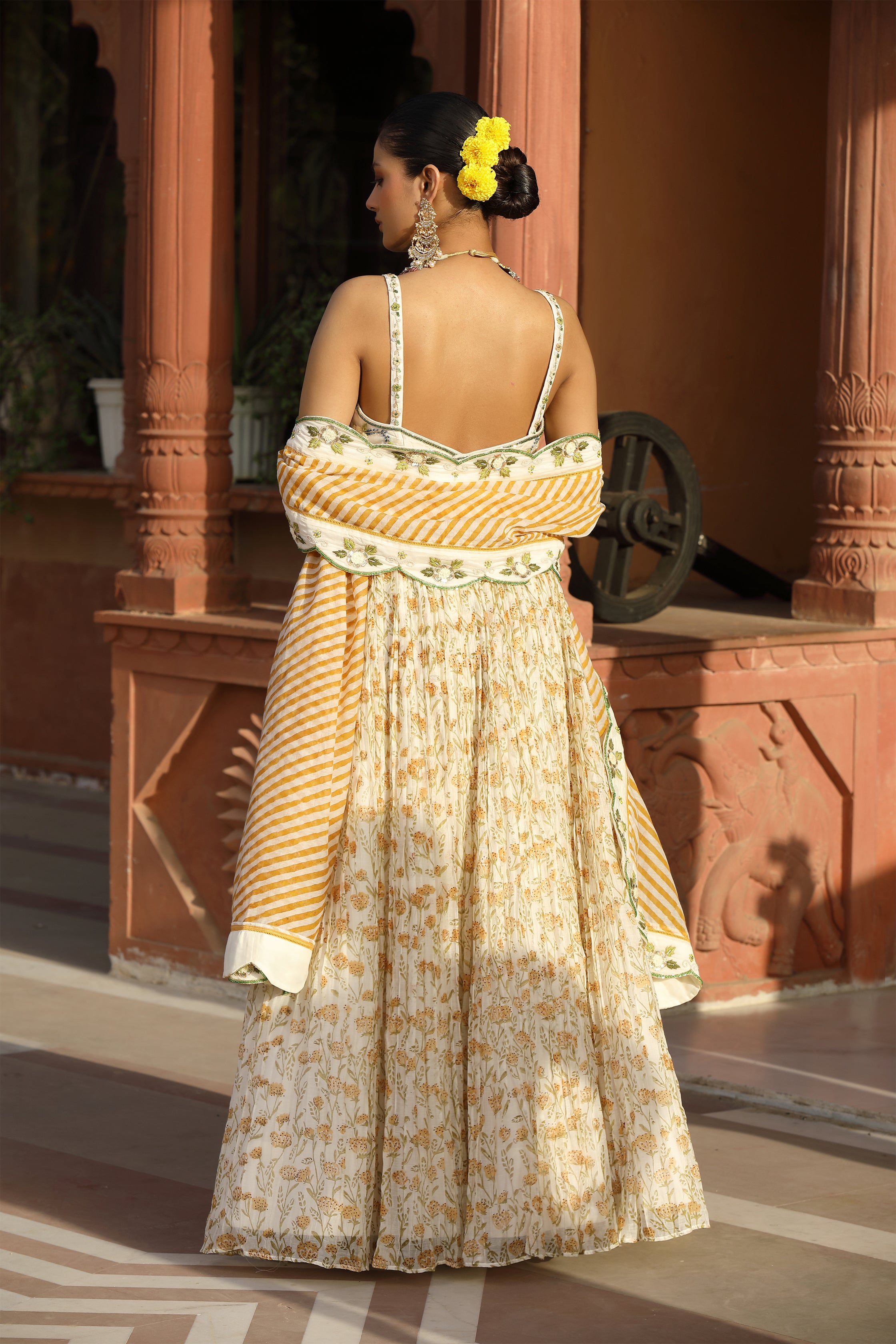 Yellow Cotton Silk Lehenga Set with Detailed Embroidered Blouse and Block Printed Dupatta