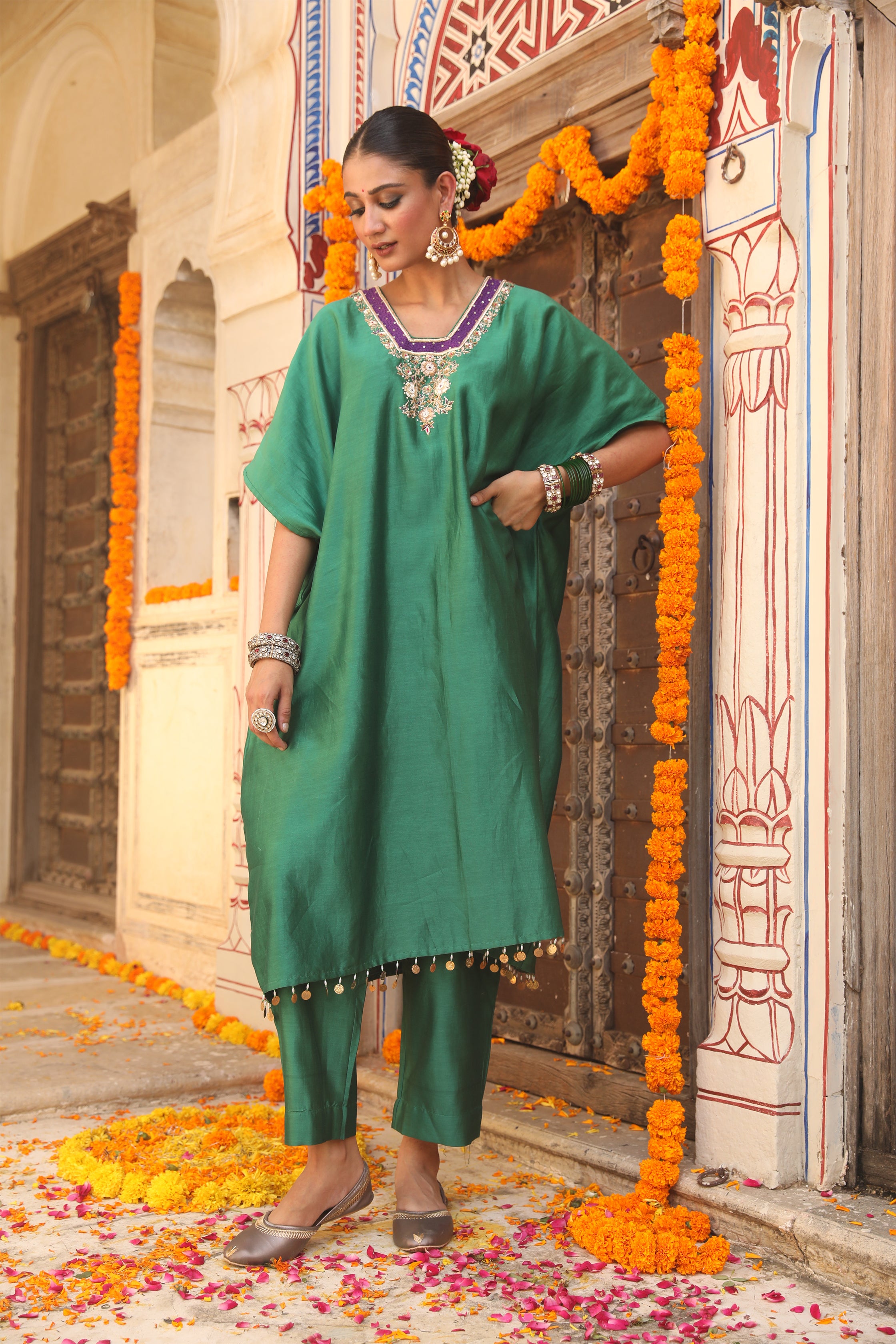 Hazel Kaftan Set in Teal Green with Zardosi Handwork