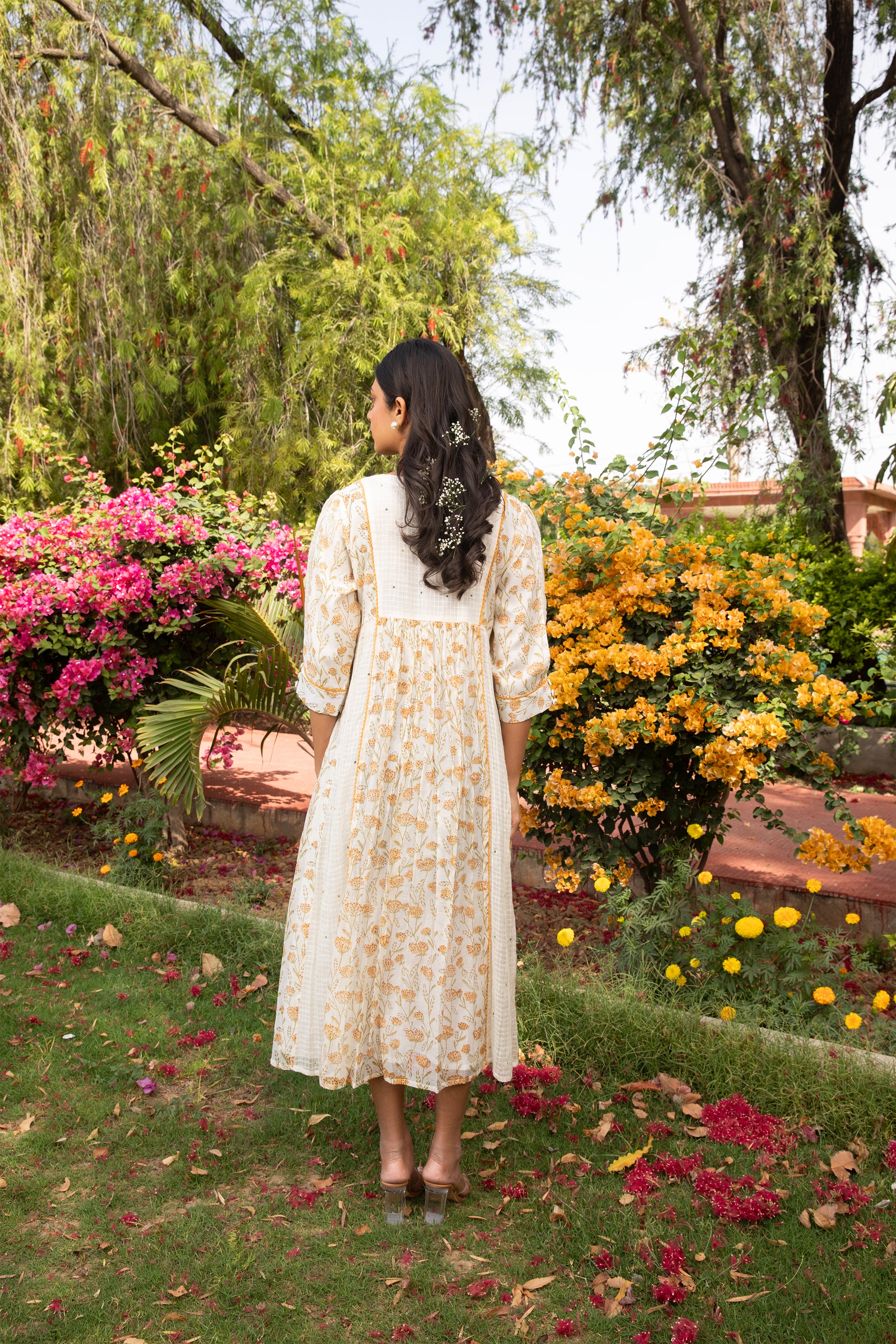 Yoke Kali Dobby Dress in Off White with Lace and Thread Embroidery