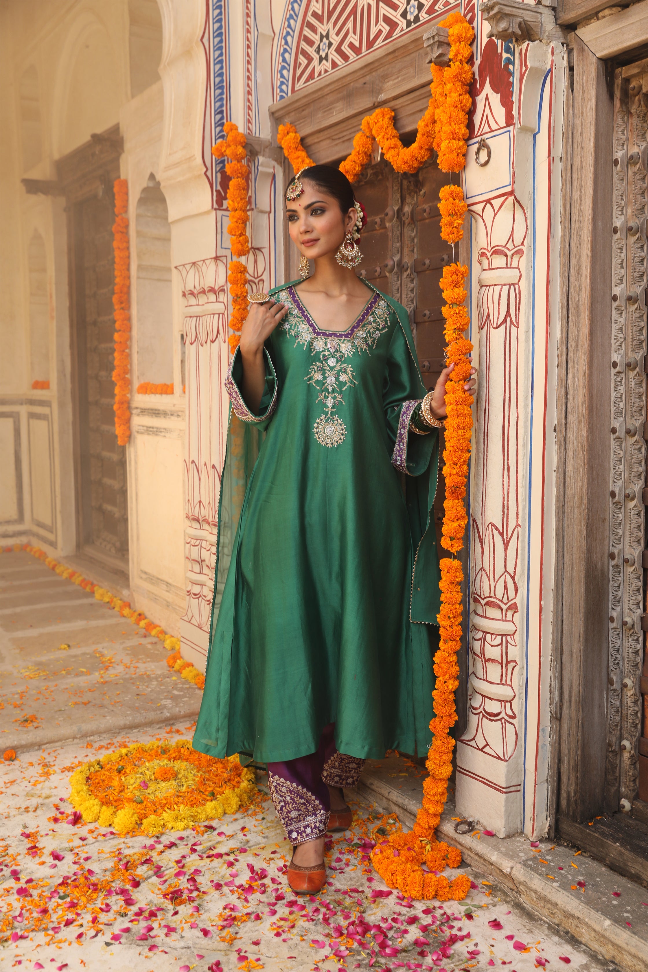 Heena Suit Set in Teal Green with Hand Pitta and Handwork Embroidery