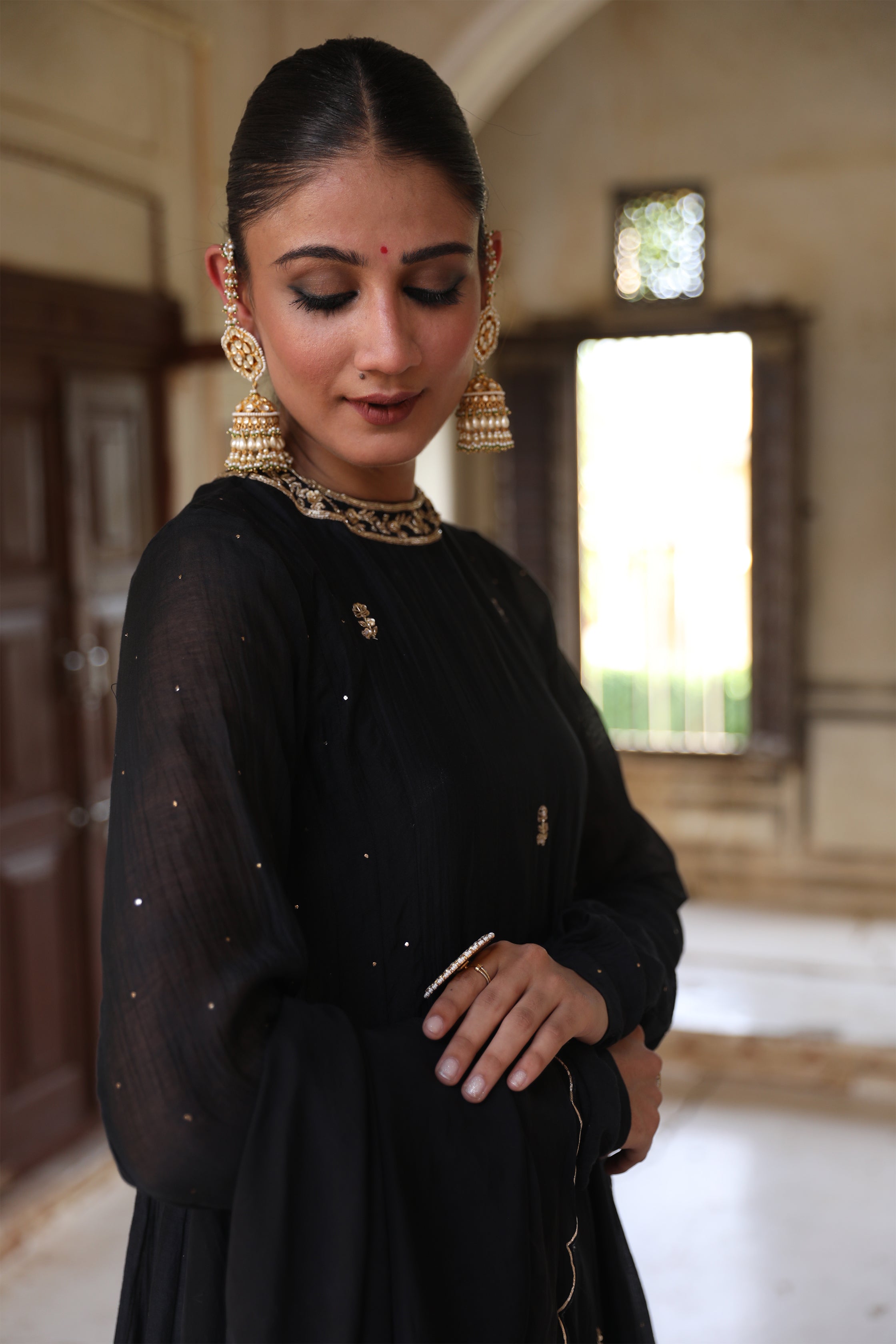 Siyaah Kali Suit Set in Black with Mukaish Zardosi Handwork