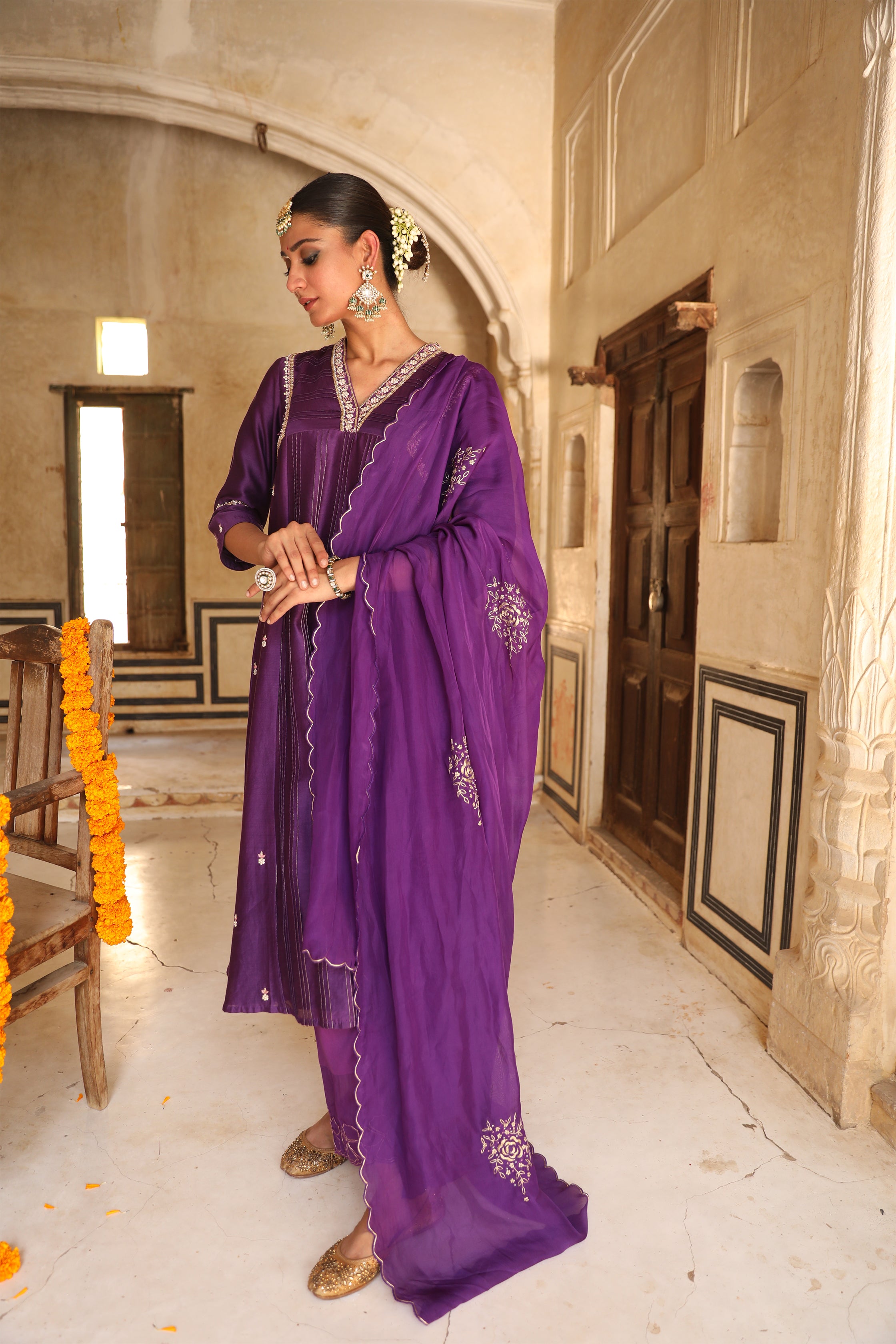 Kashvi A-Line Suit Set in Purple with Zardosi Handwork