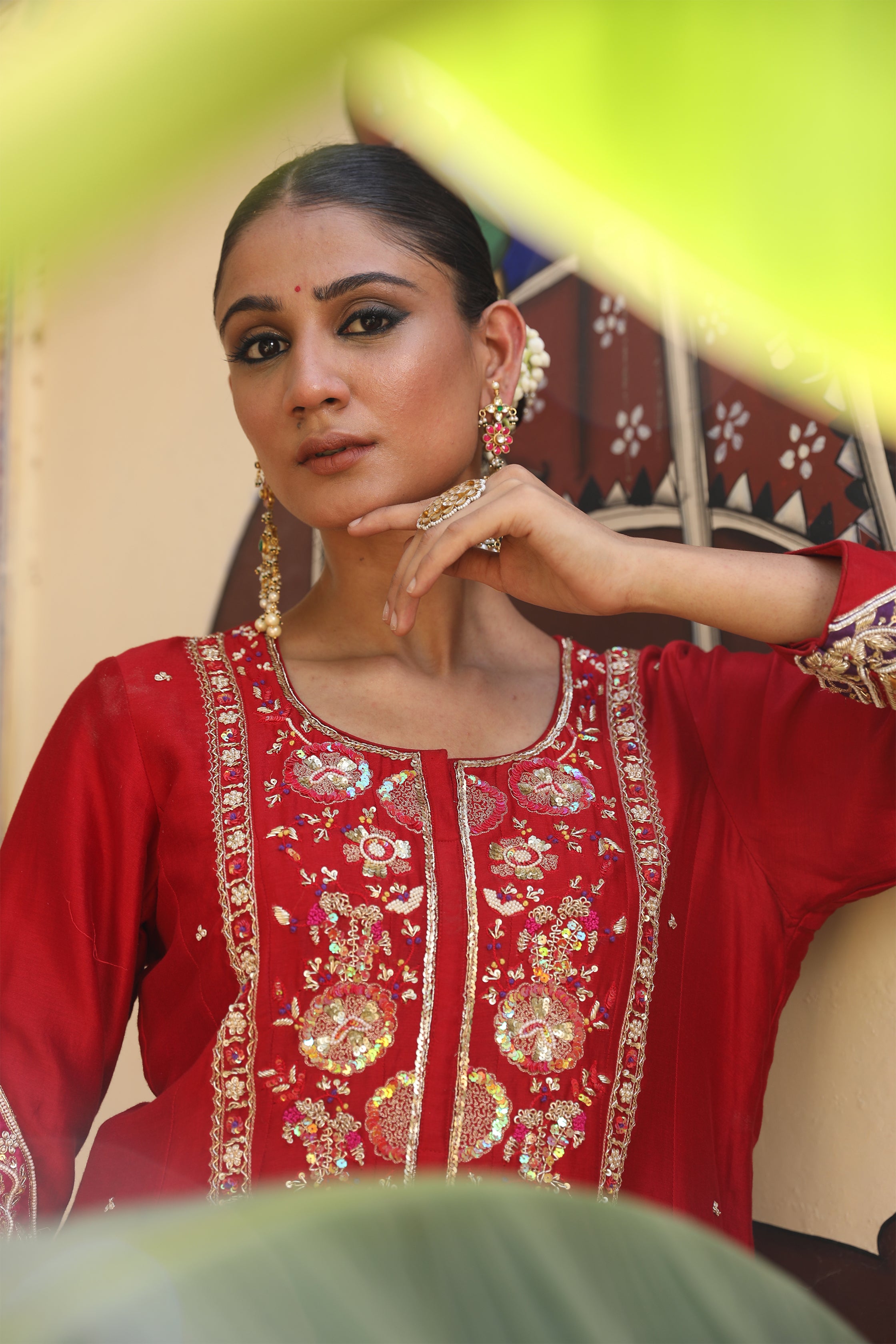 Zaheen Short Anarkali Set in Red with Aari Zardosi Handwork