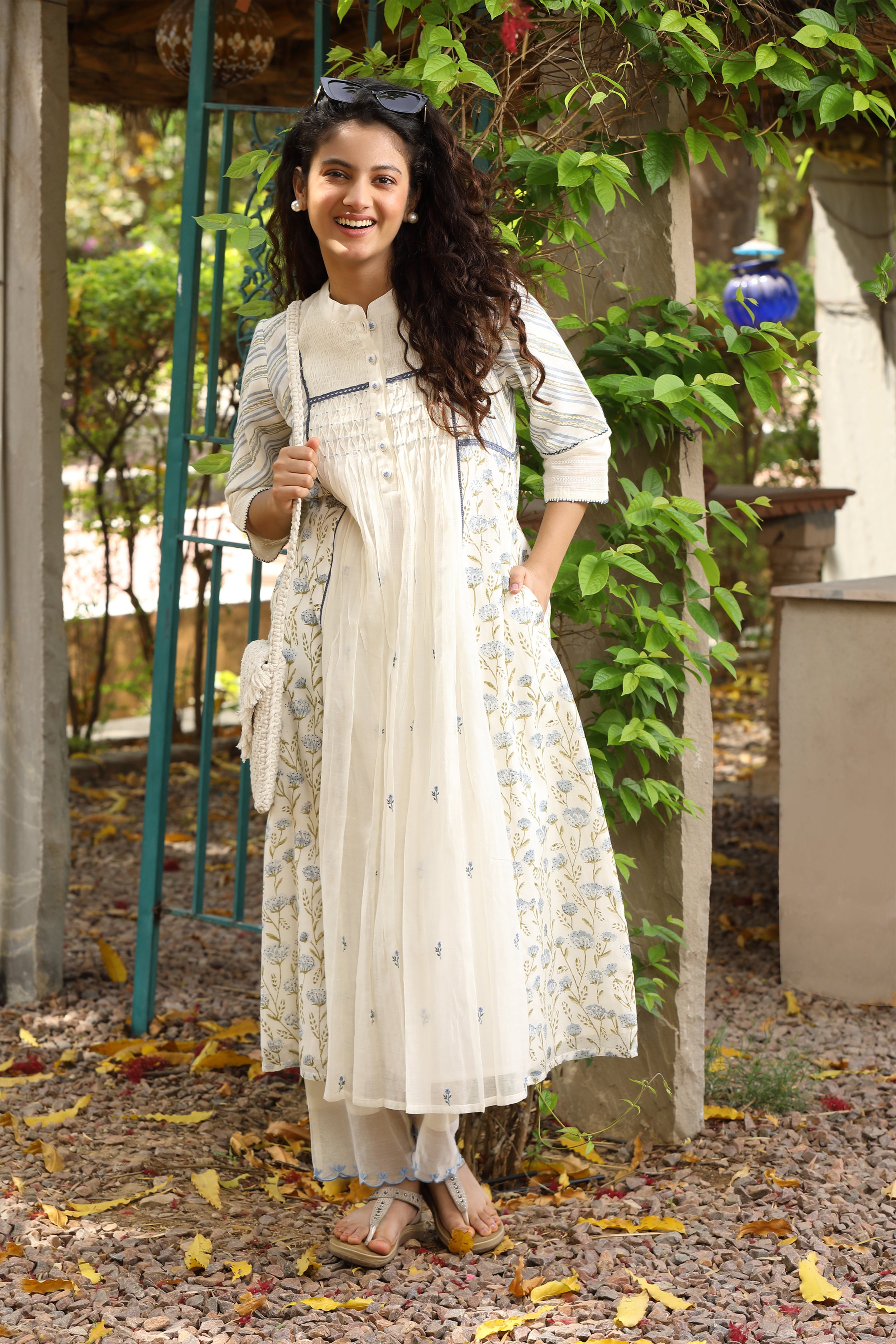 Asmee Kurta Set in Off White with Sweetheart Neck and Smocked Detailing