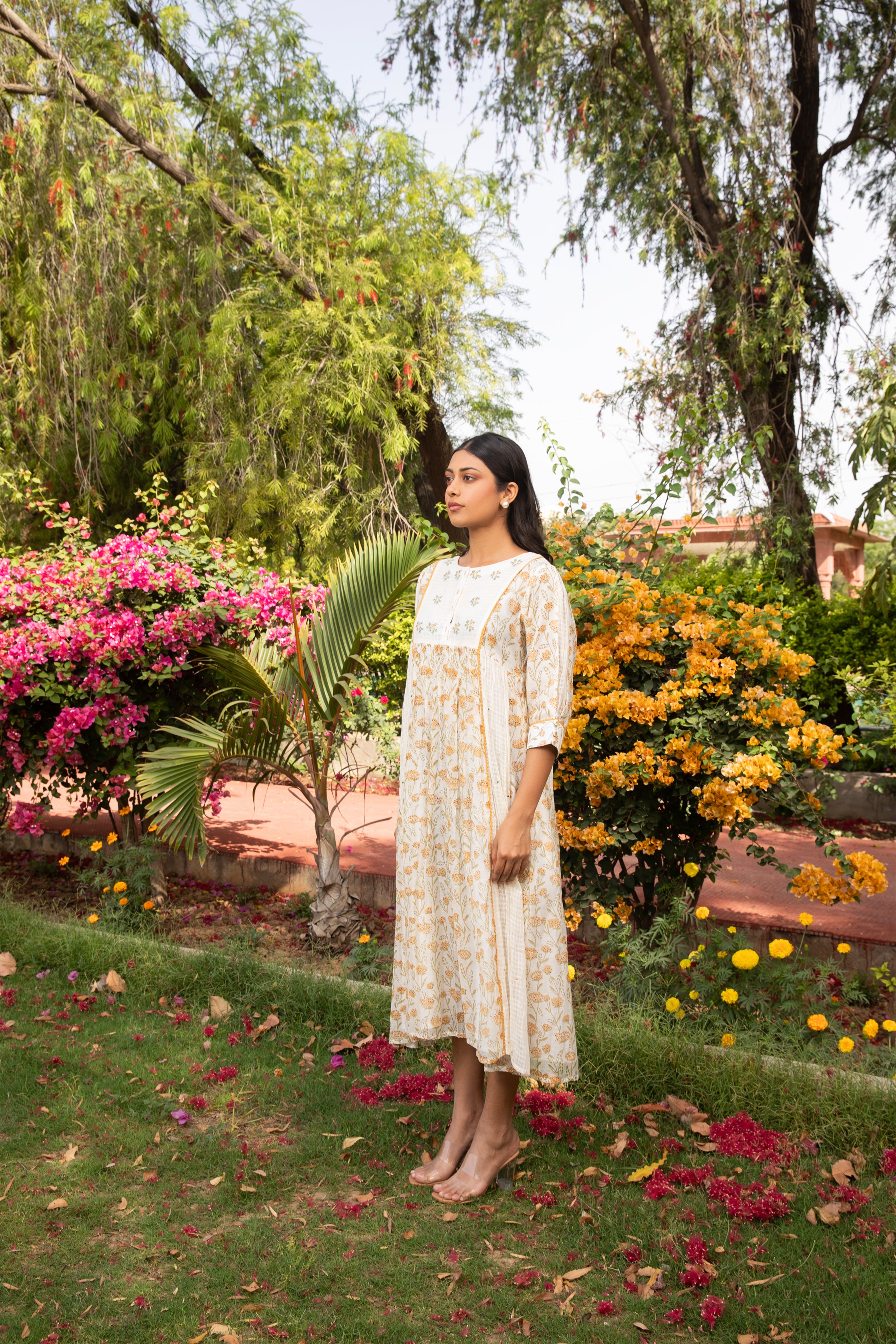 Yoke Kali Dobby Dress in Off White with Lace and Thread Embroidery