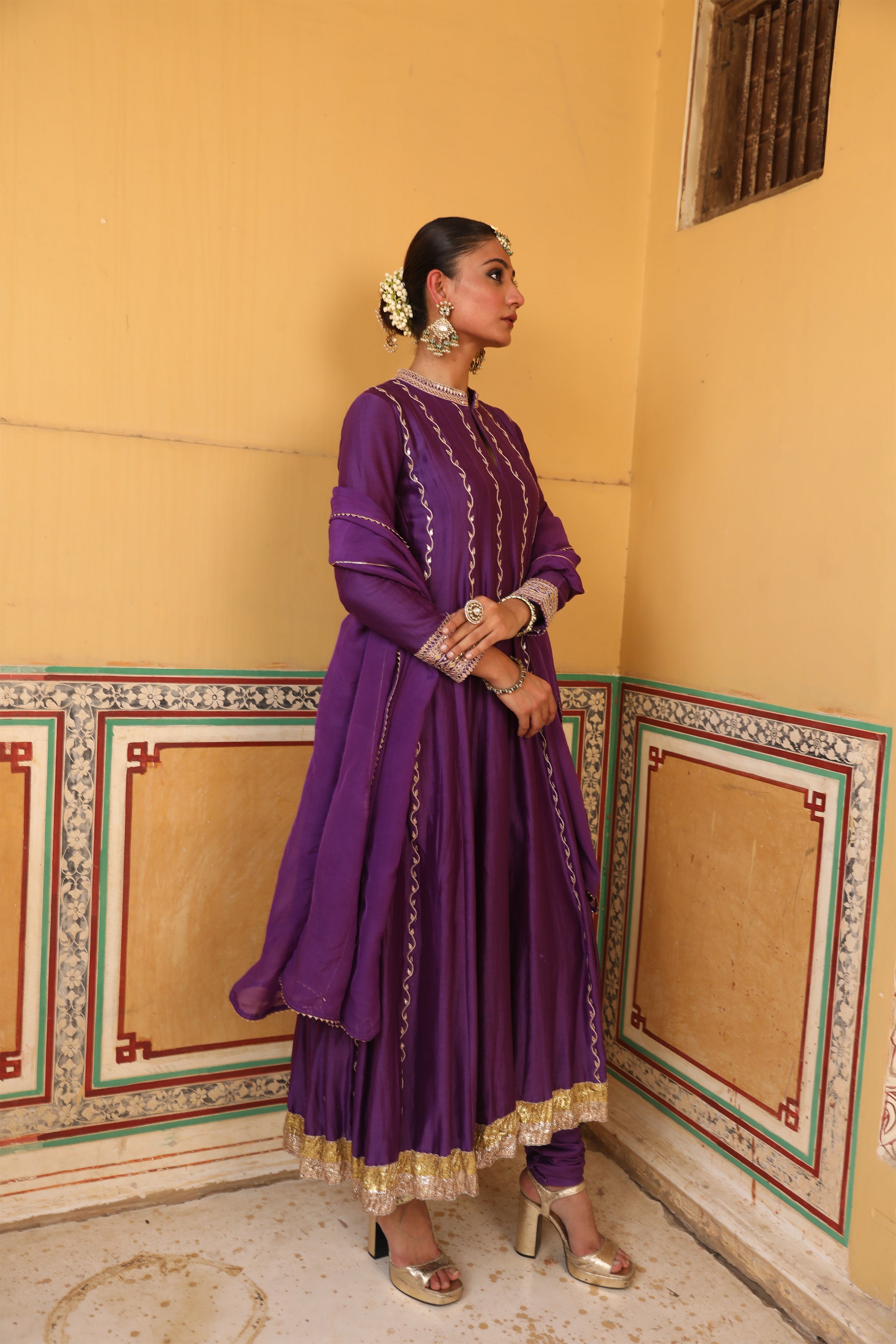 Kundan Anarkali Set in Purple with Gota Handwork