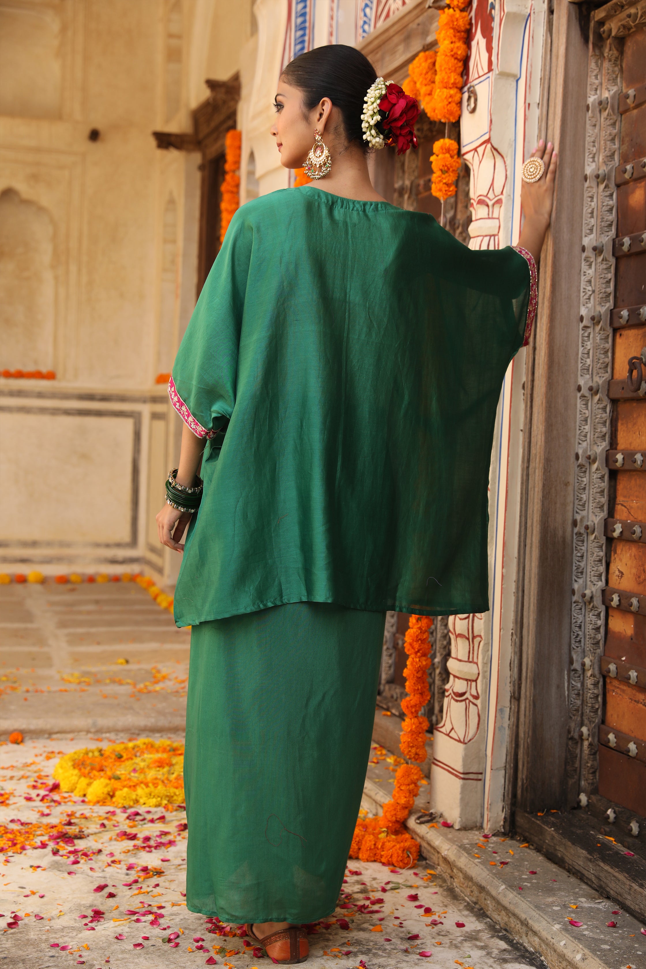 Hayaat Dhoti Set in Teal Green with Hand Pitta Embroidery