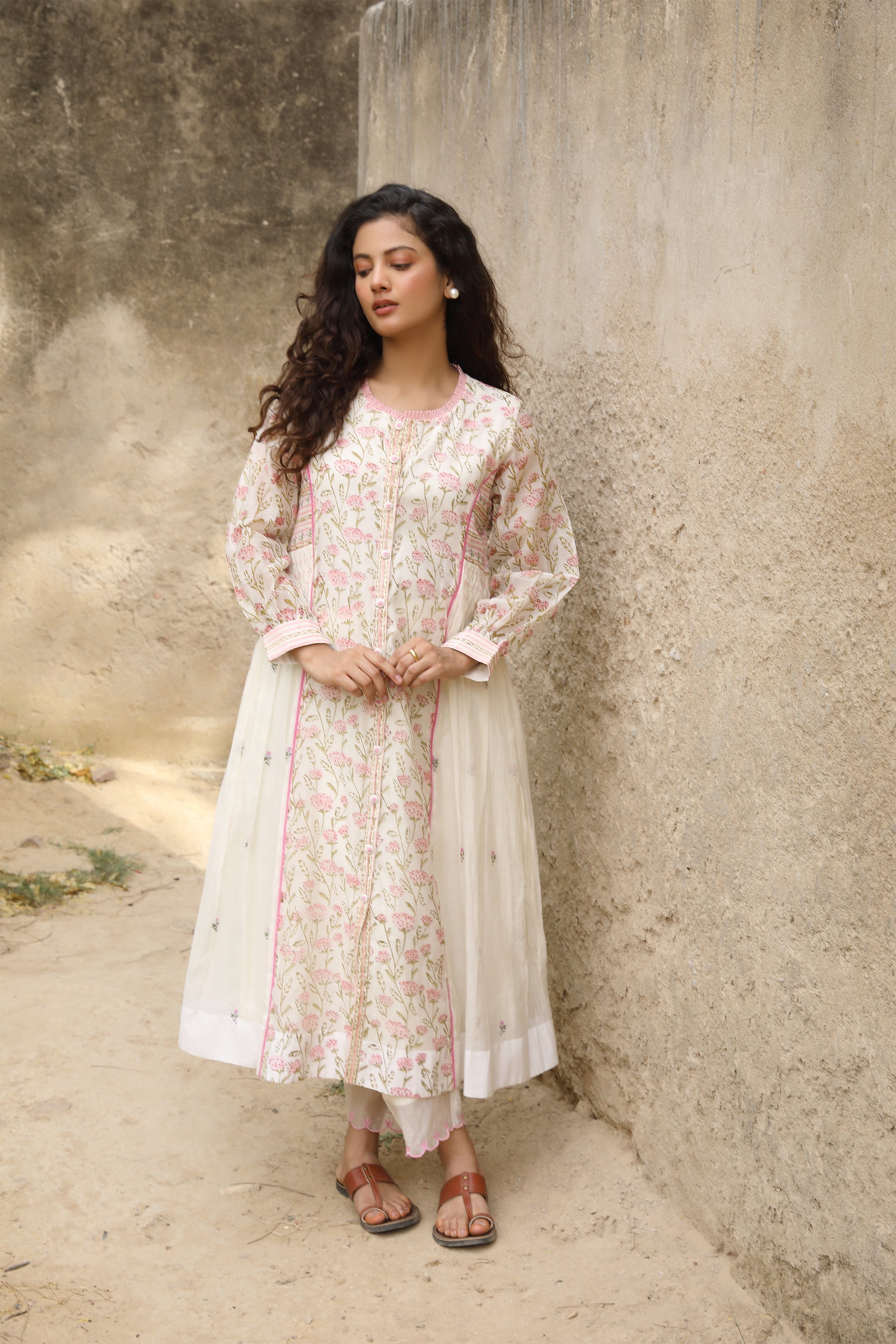 Collar Loops Smocked Kurta in Off White with Sweetheart Neckline