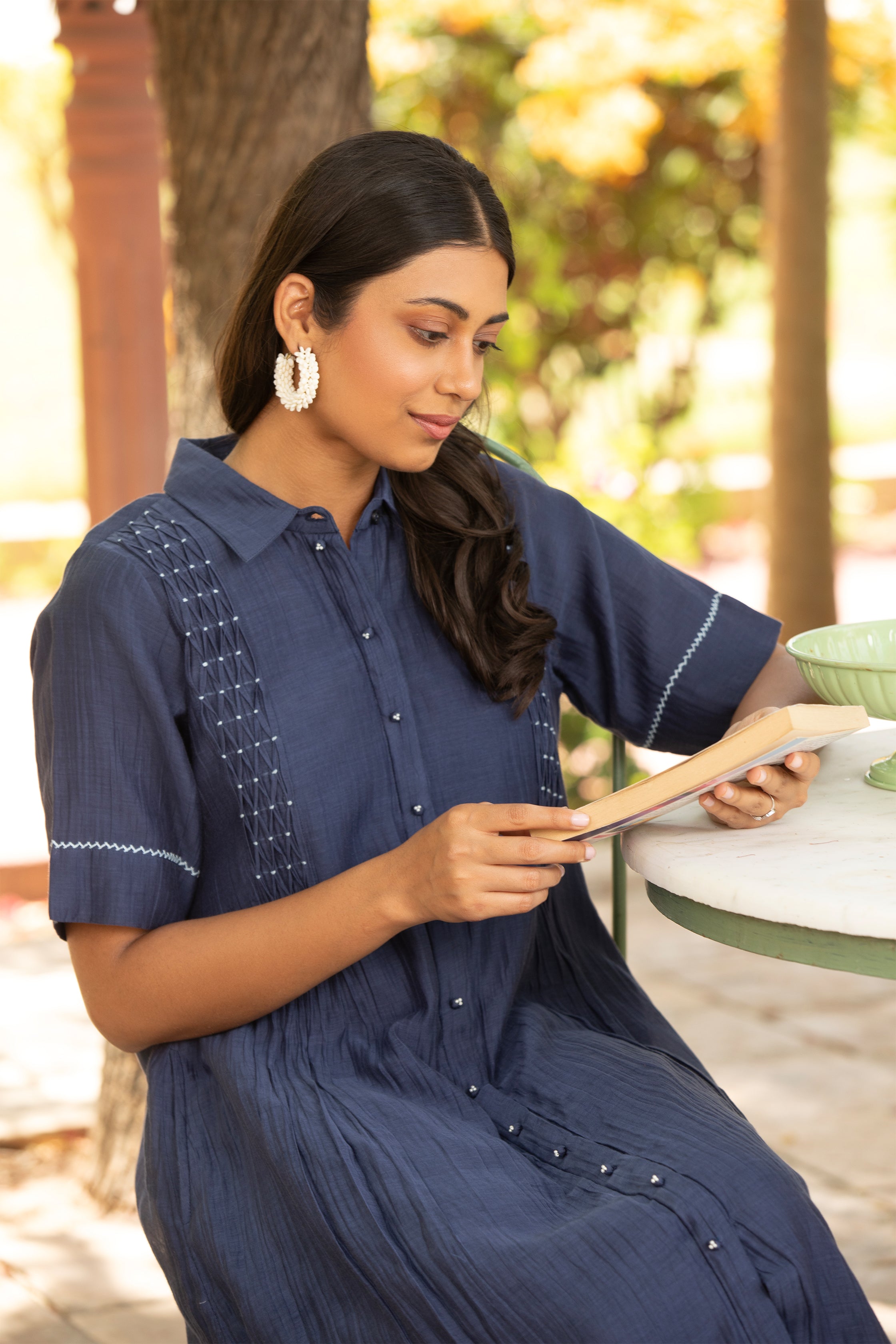 Navy Blue Shirt Dress with Smocked Design and Hand Embroidery