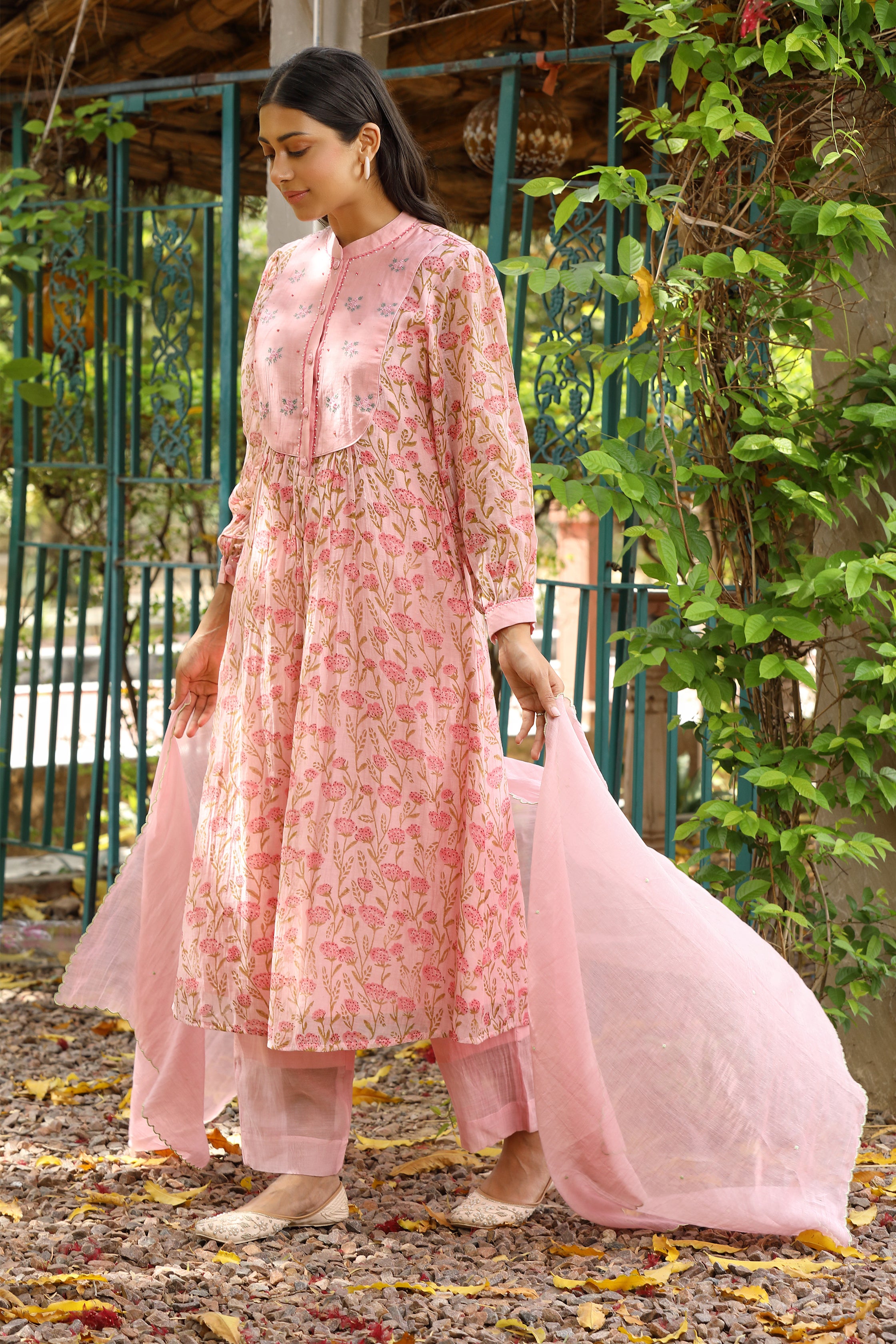 Bougan Suit Set in Pink with Embroidered Dupatta