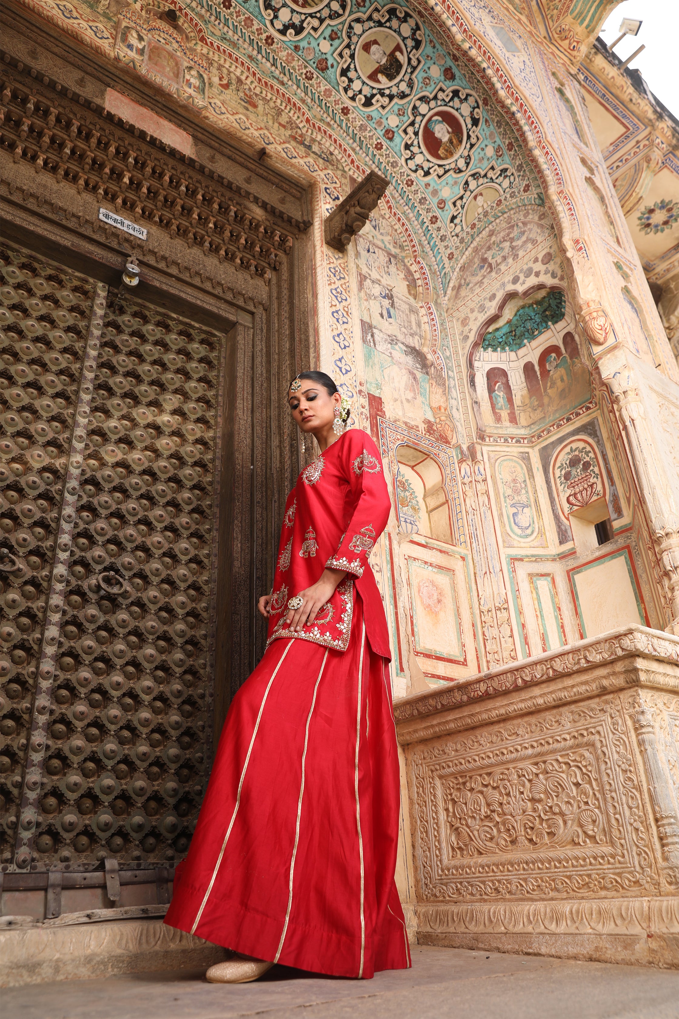 Gaj Sharara Set in Red Silk with Gota Patti & Zardosi Handwork