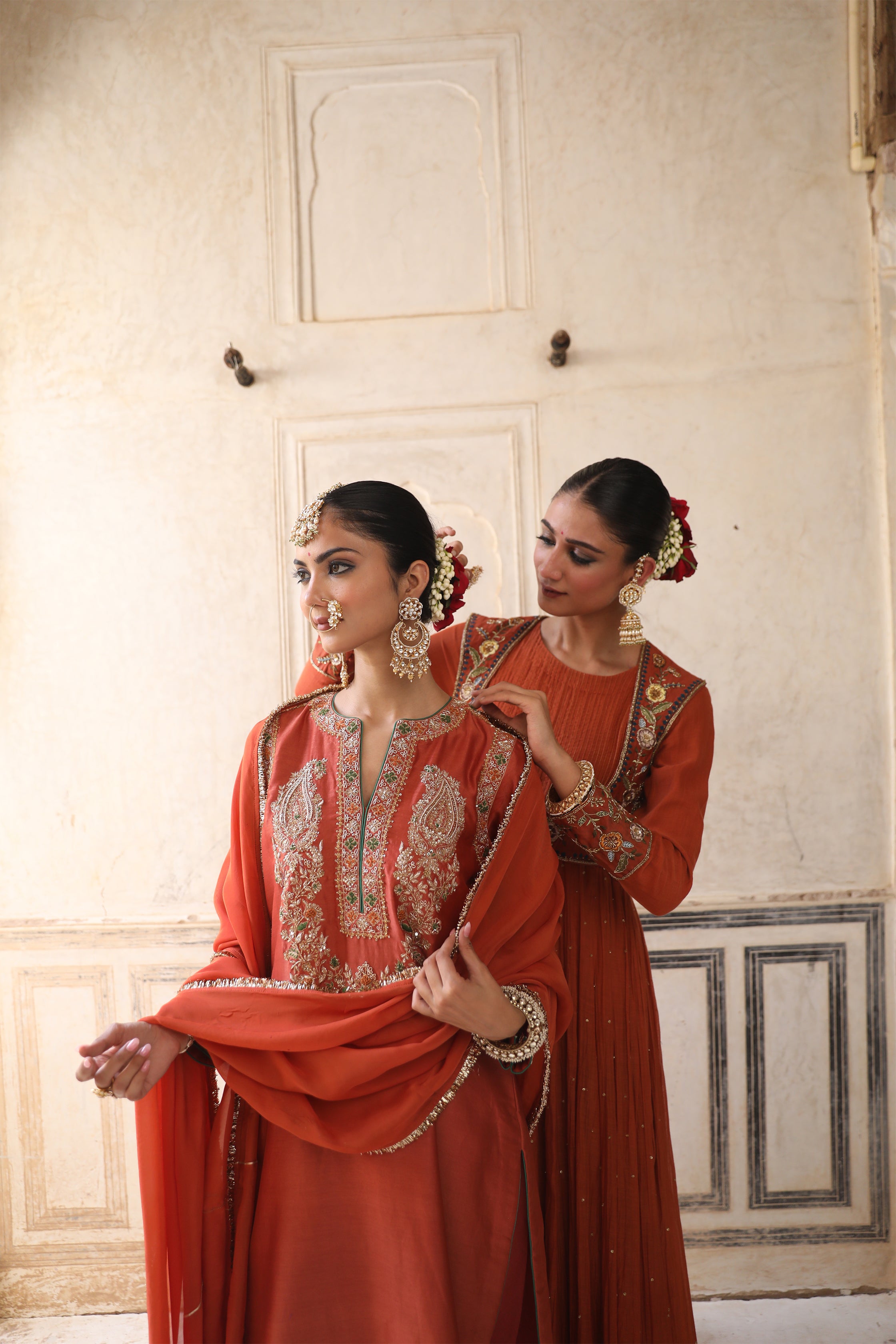 Serene Anarkali Set in Brick Rust with Thread Aari Handwork