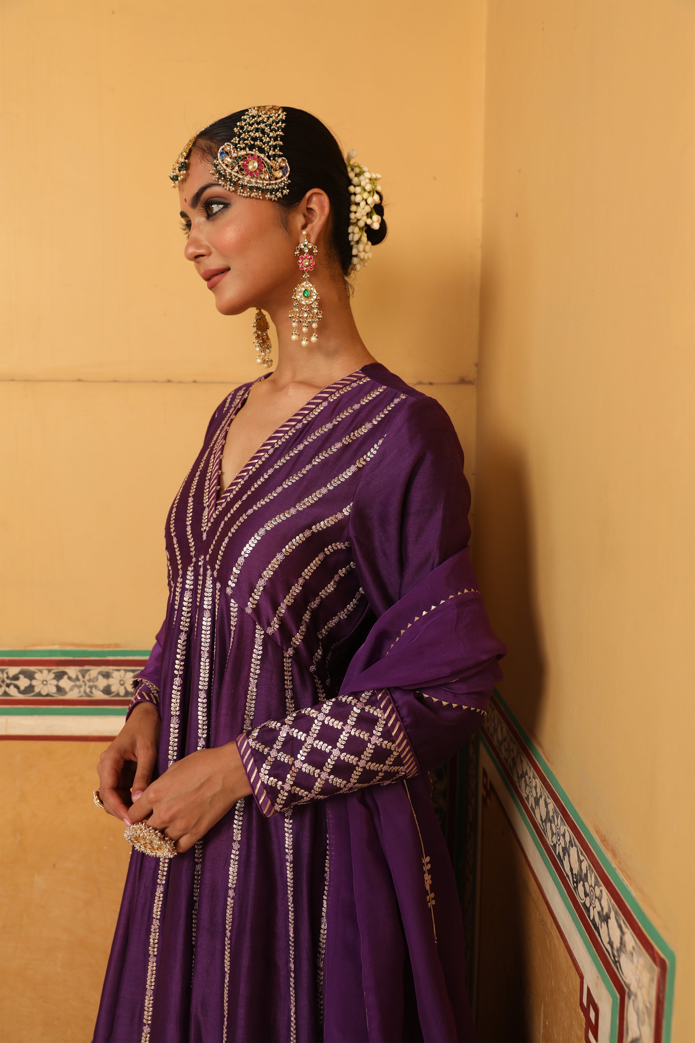 Kilol Anarkali Set in Purple with Hand Pitta Embroidery