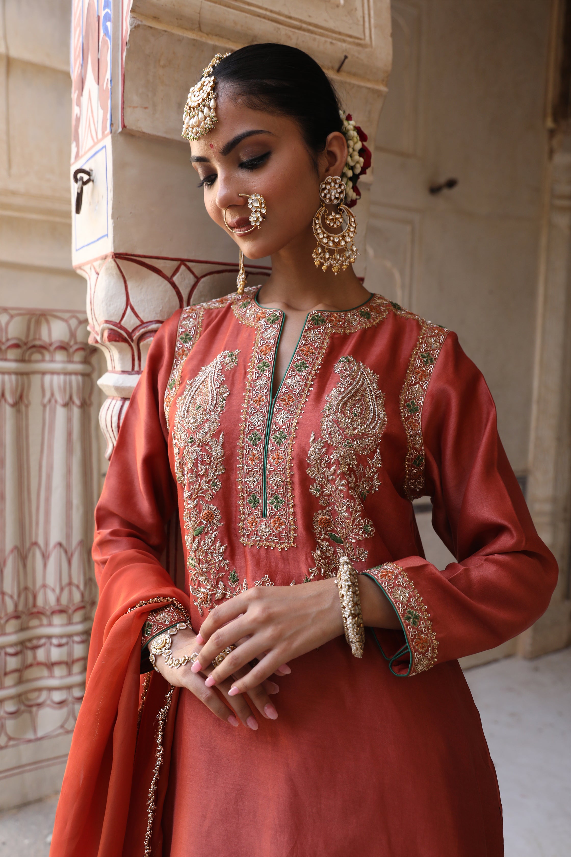 Straight Suit Set in Brick Rust with Zardosi Handwork