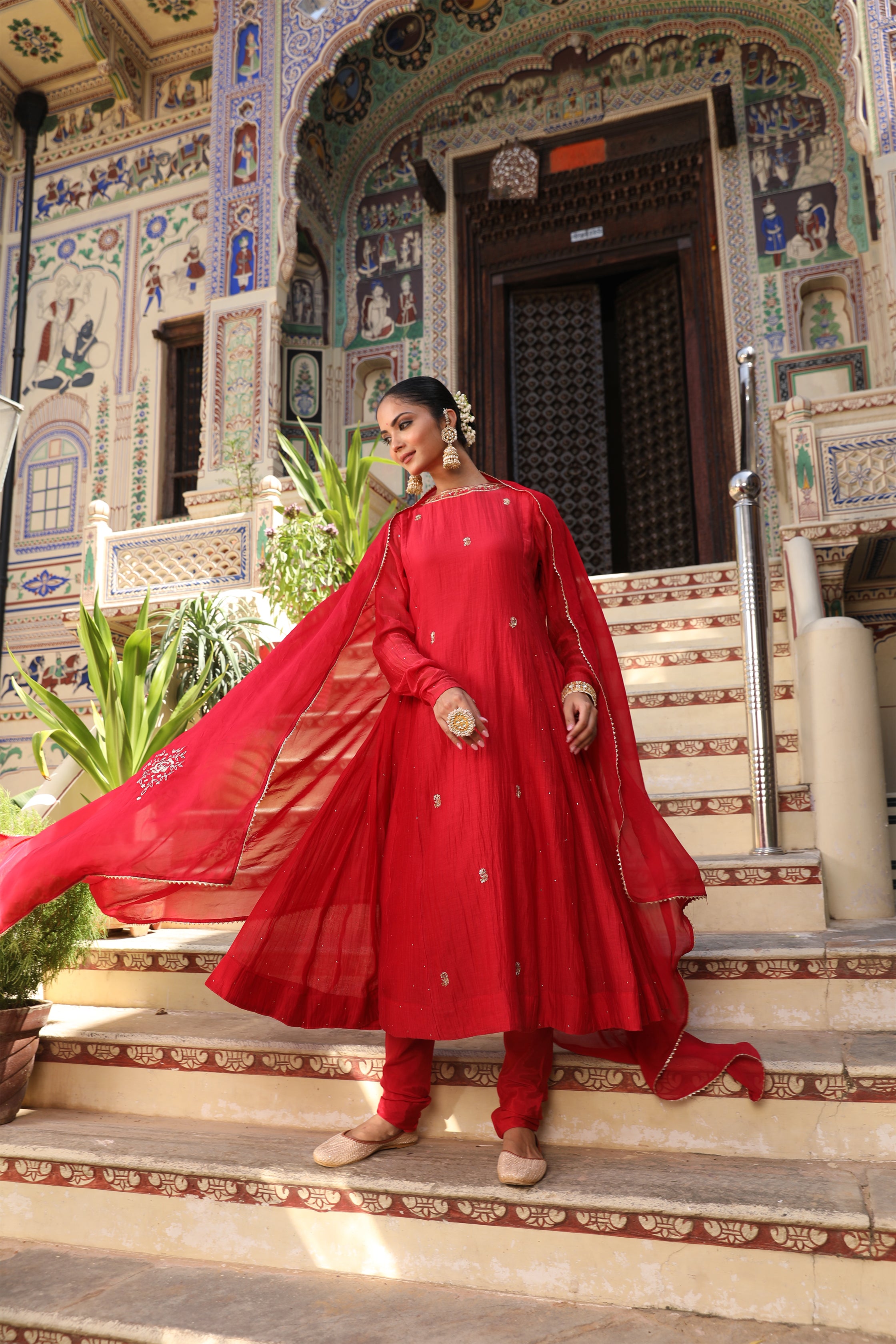 Gulbahar Suit Set in Red with Zardosi and Mukaish Handwork