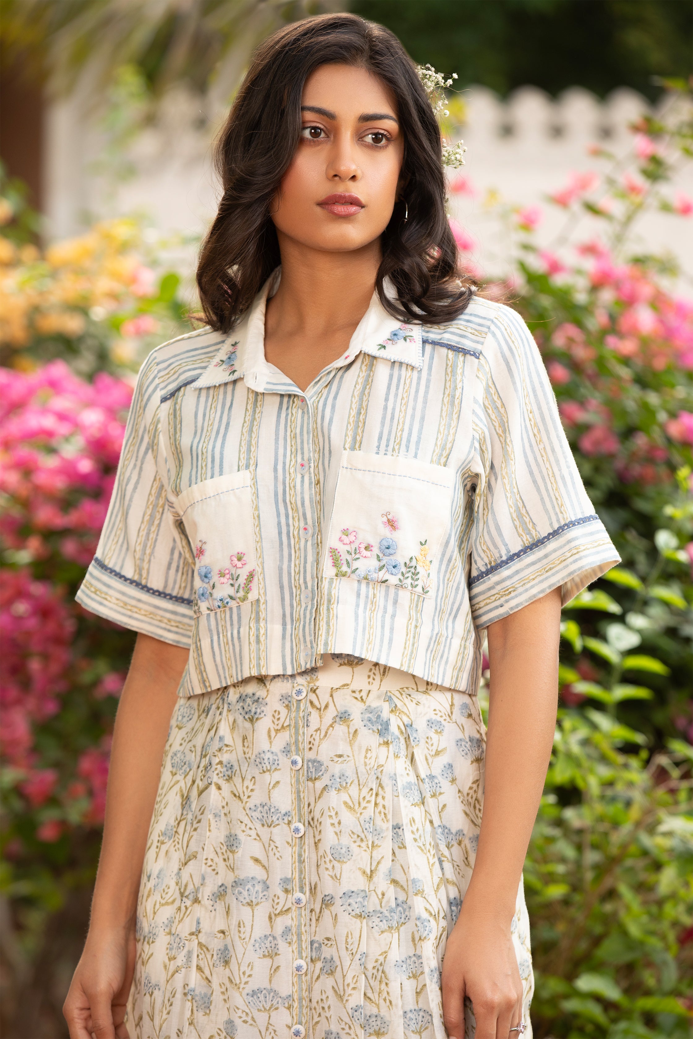 Crop Top and Box Pleated Skirt Set in Off White with Bead and Thread Embroidery