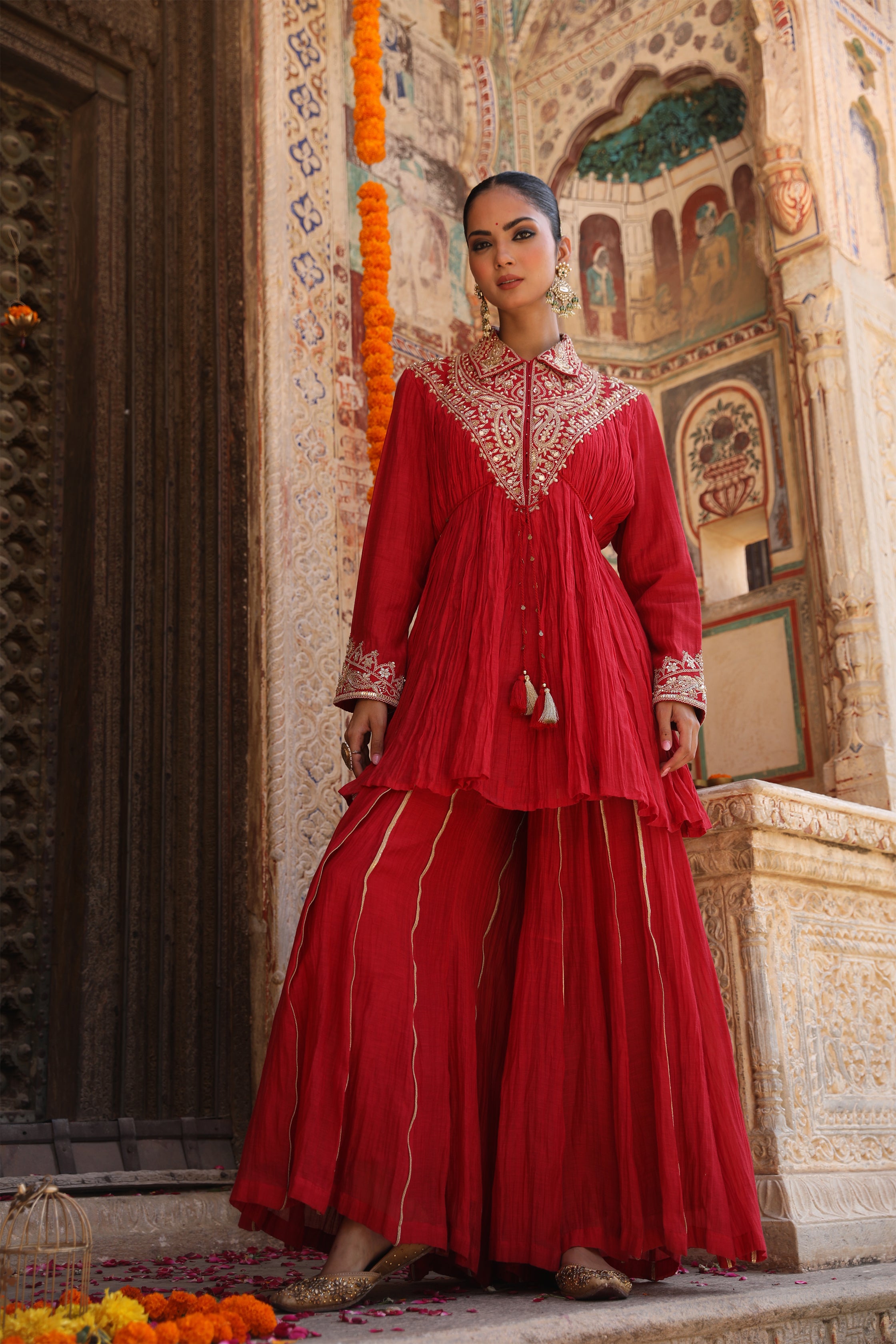 Ruhani Sharara Set in Red with Marodi Handwork