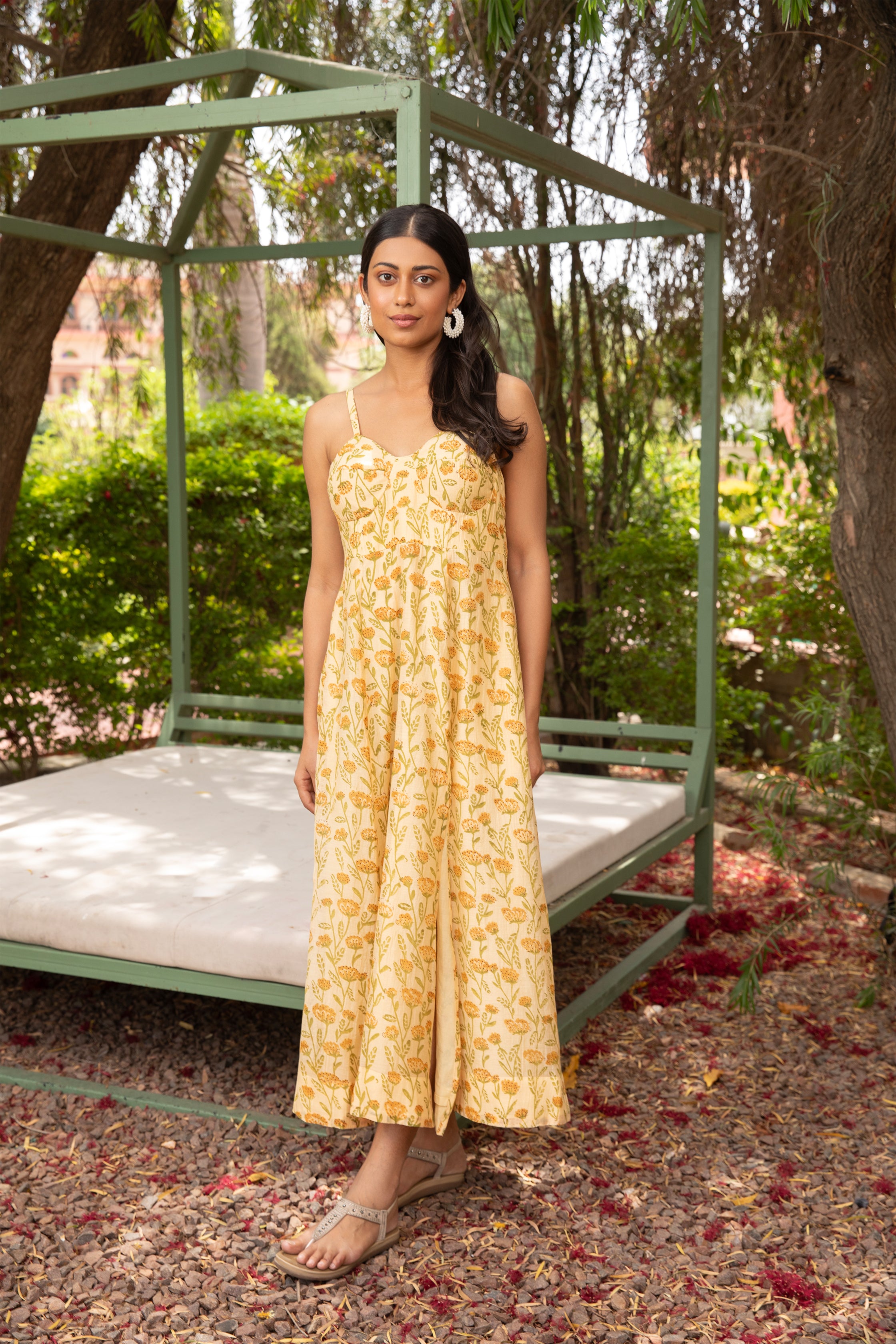 Yellow Corset Dress with Sweetheart Neck and Block Print Detailing