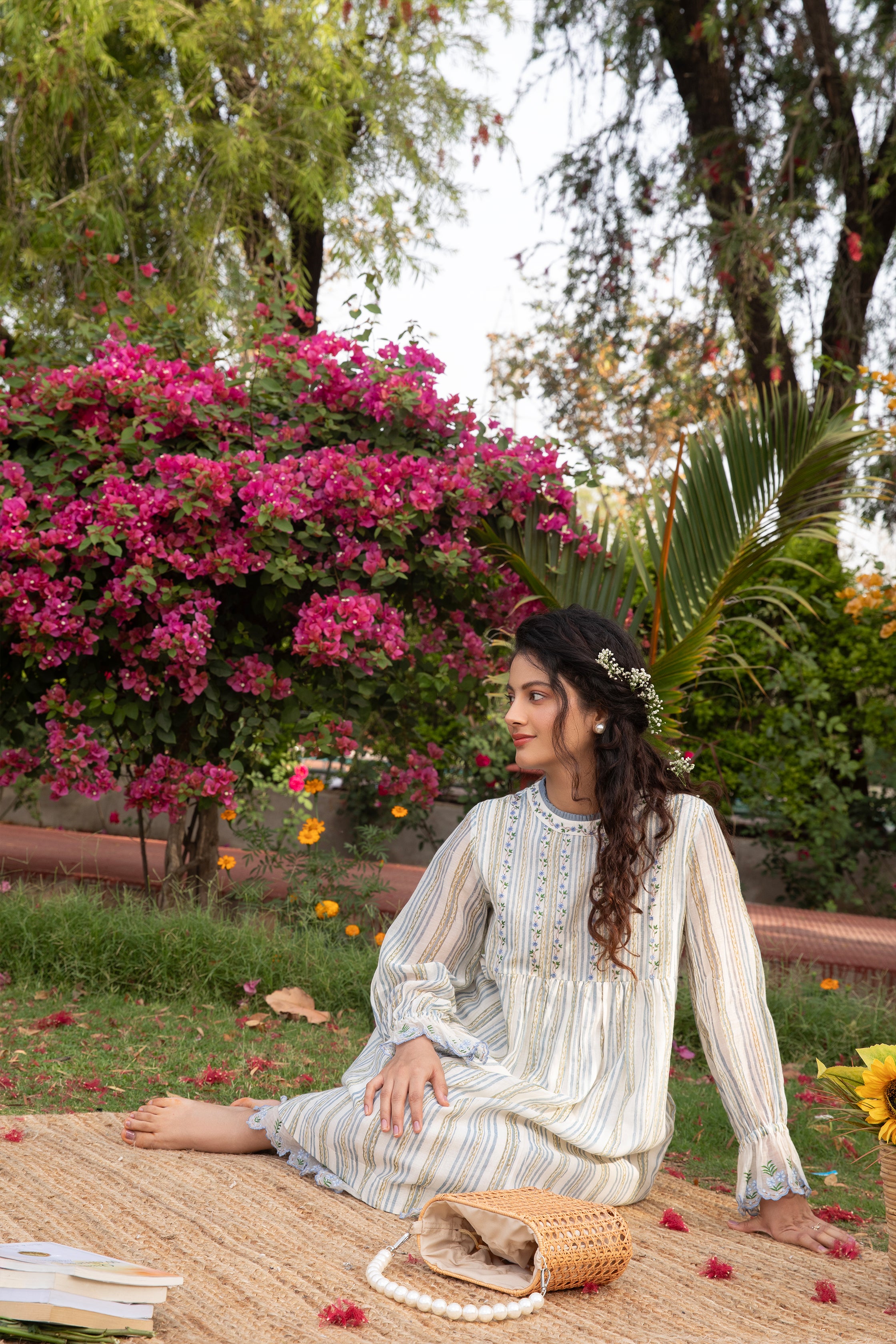 Short Frill Dress in Off White with Embroidered Yoke and Sleeves