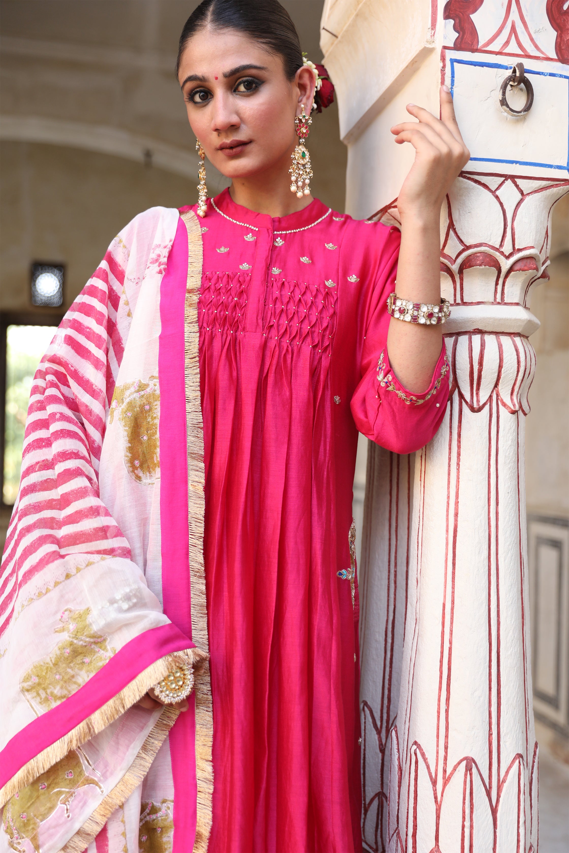 Laxmi Rani Kali Suit Set in Rani Pink with Zardosi Handwork