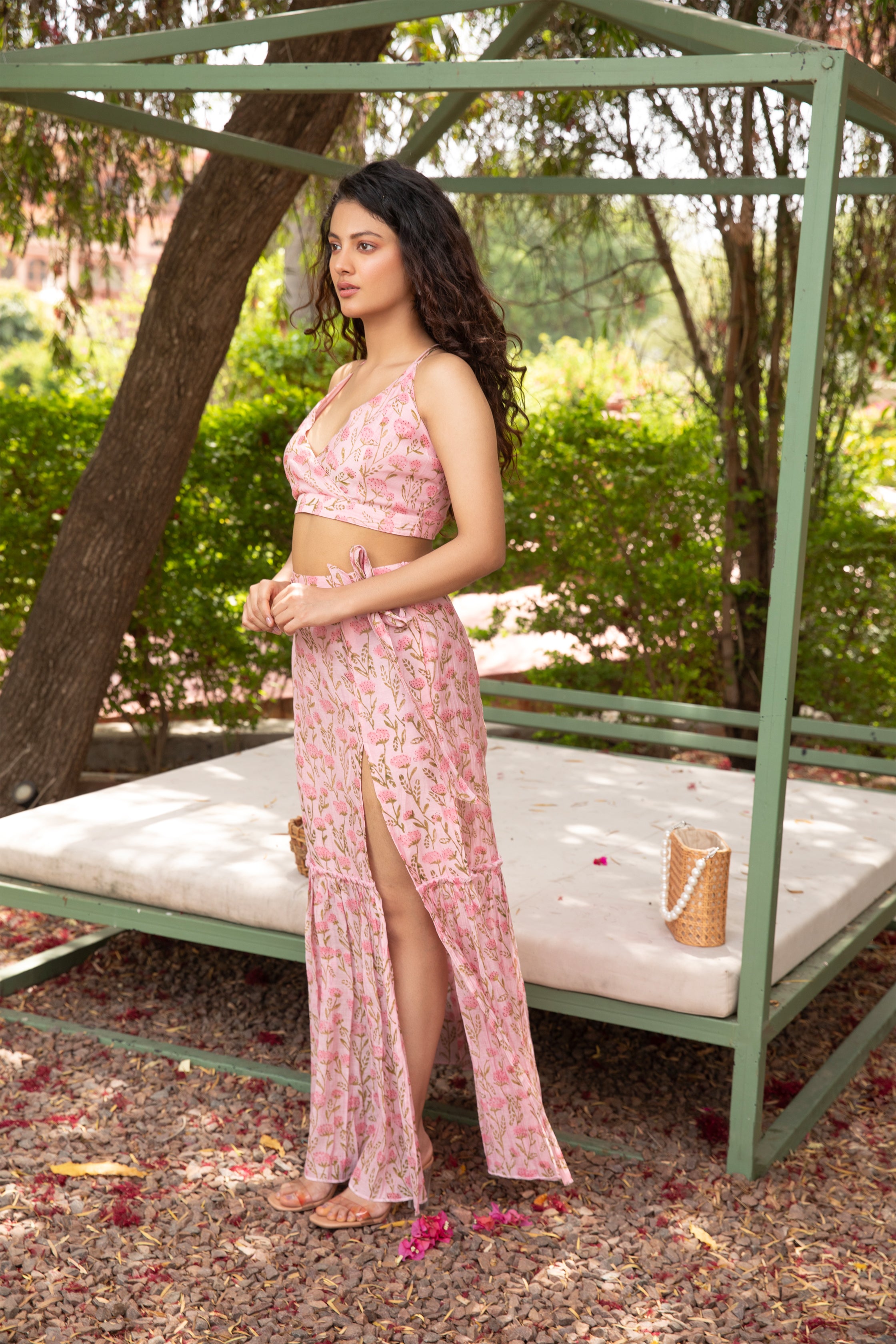 Bustier and Skirt Set in Pink with Bead and Thread Embroidery