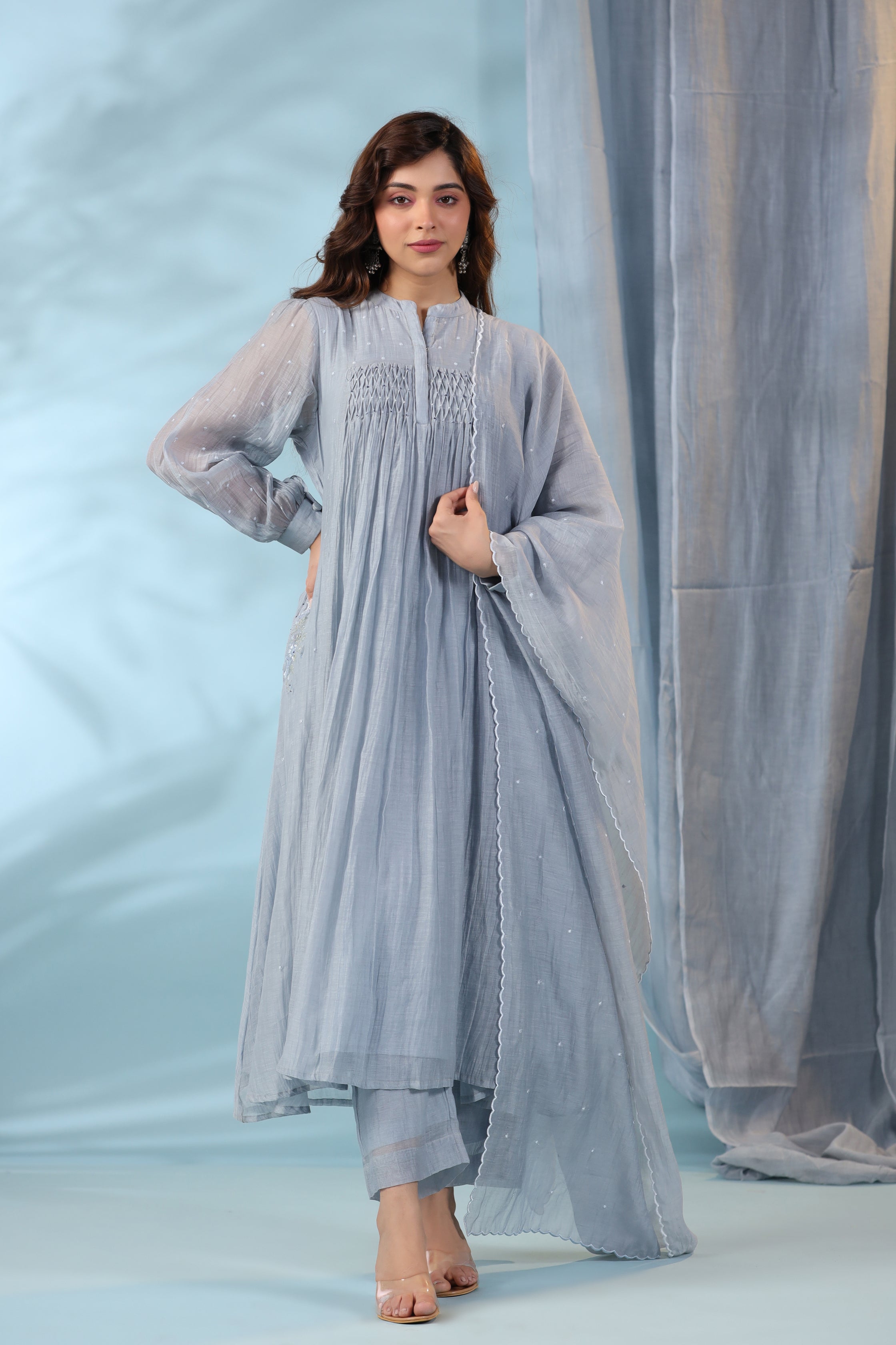 Blue Water Lily Kurta with Smocking and Bead Embroidery