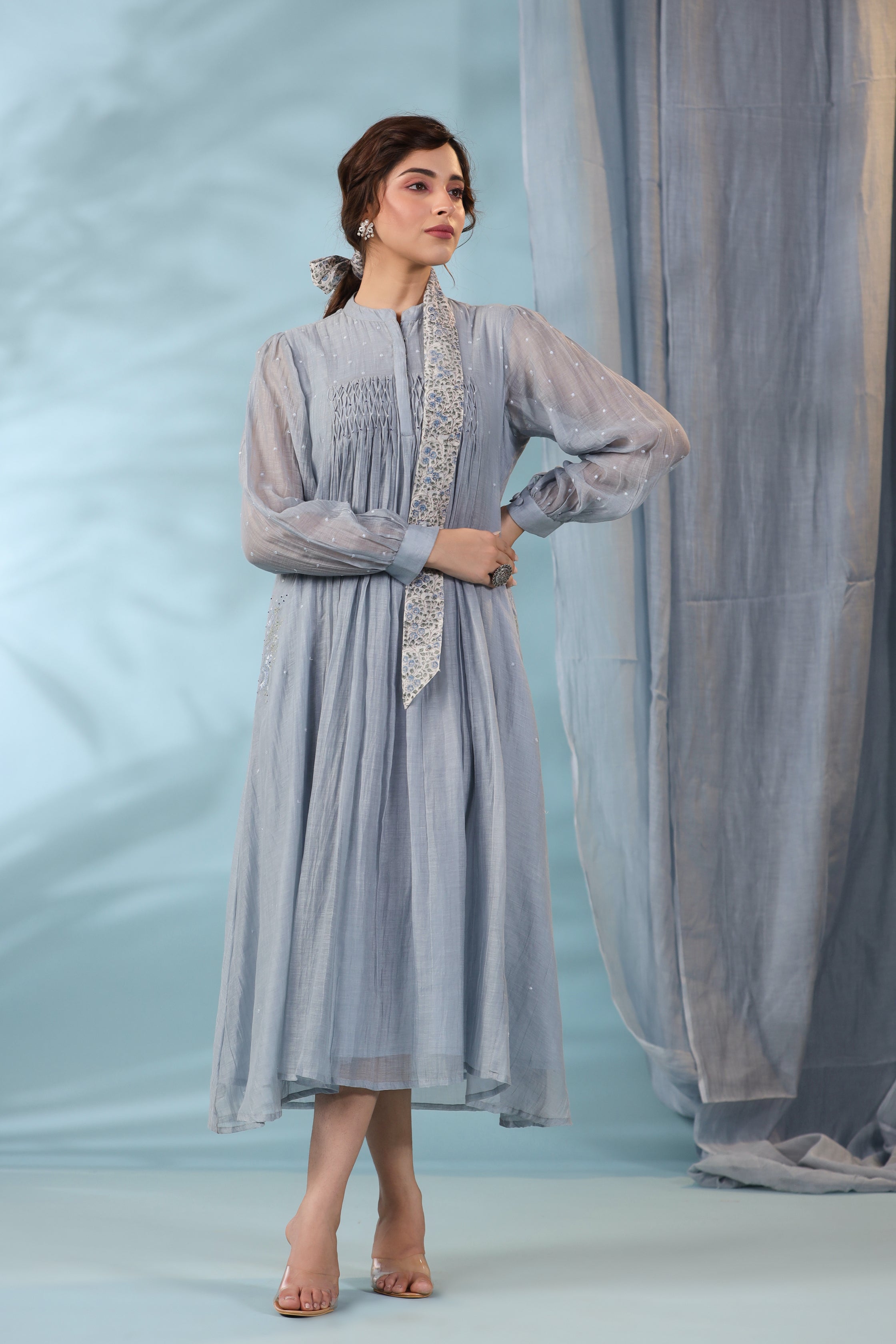 Blue Water Lily Kurta Set with Handcrafted Smocking and Bead Embroidery