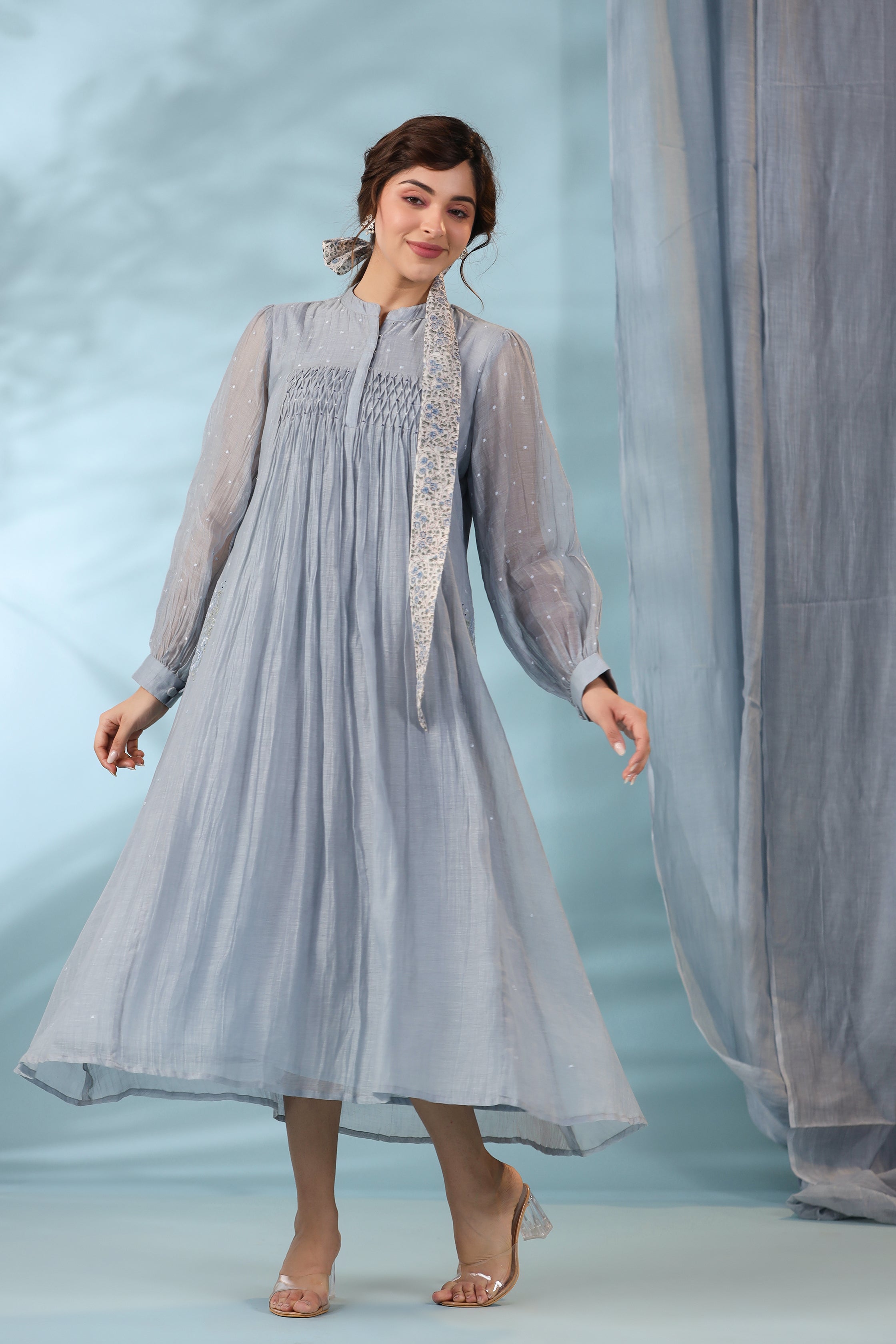 Blue Water Lily Kurta Set with Handcrafted Smocking and Bead Embroidery