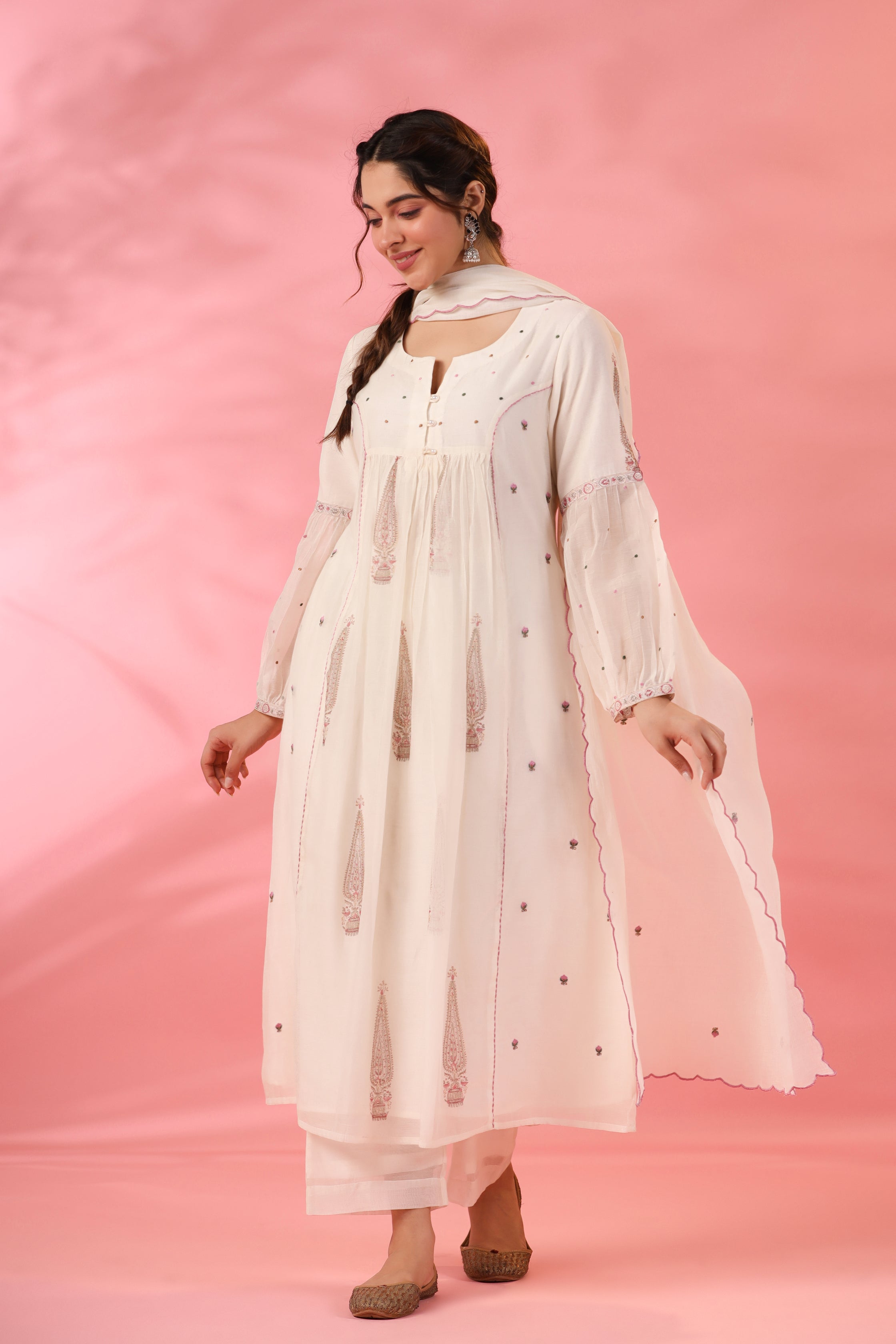 Gul Gather Kurta with Floral Embroidery and Pearl Button Detailing