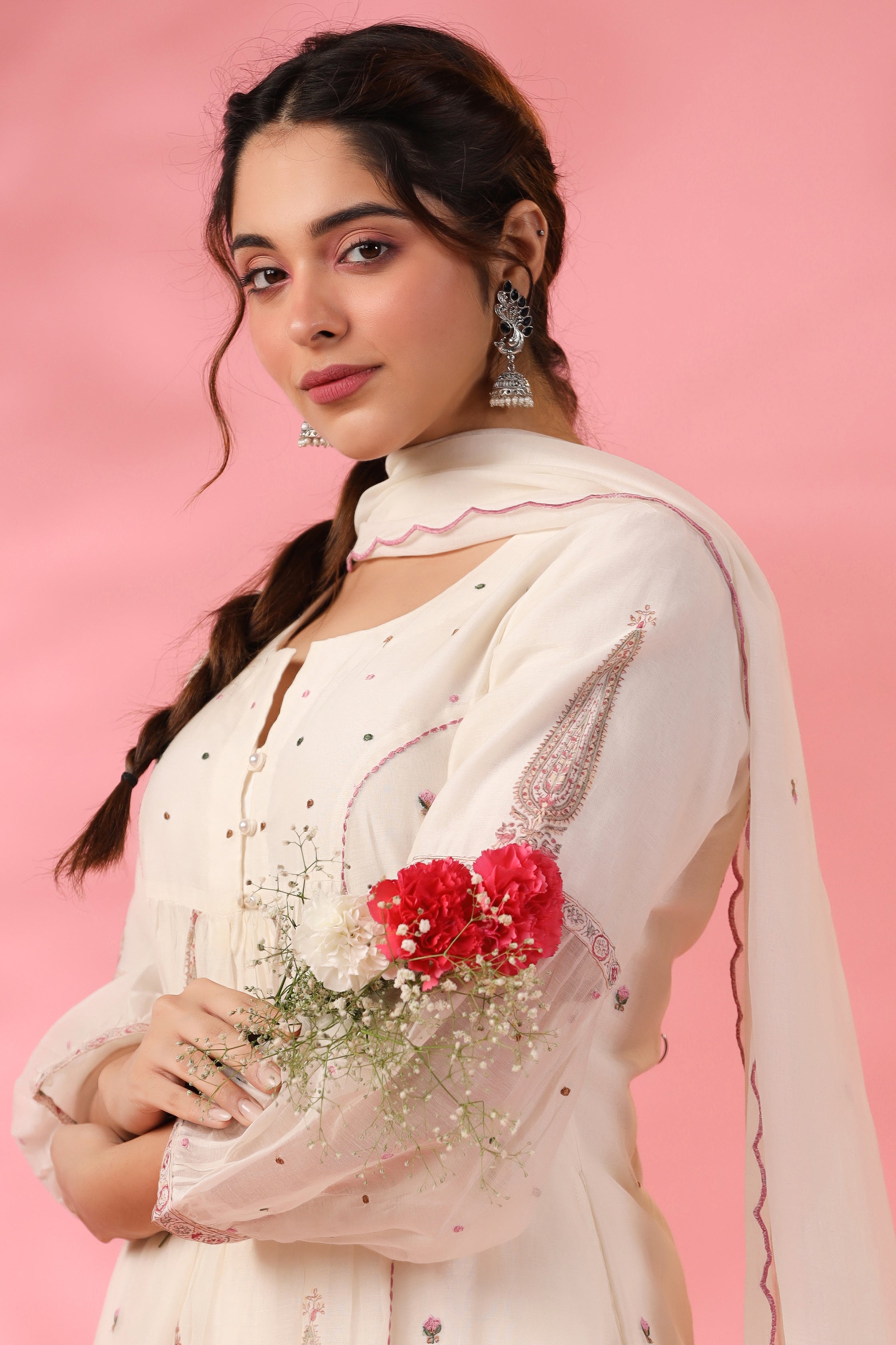 Gul Gather Kurta with Floral Embroidery and Pearl Button Detailing