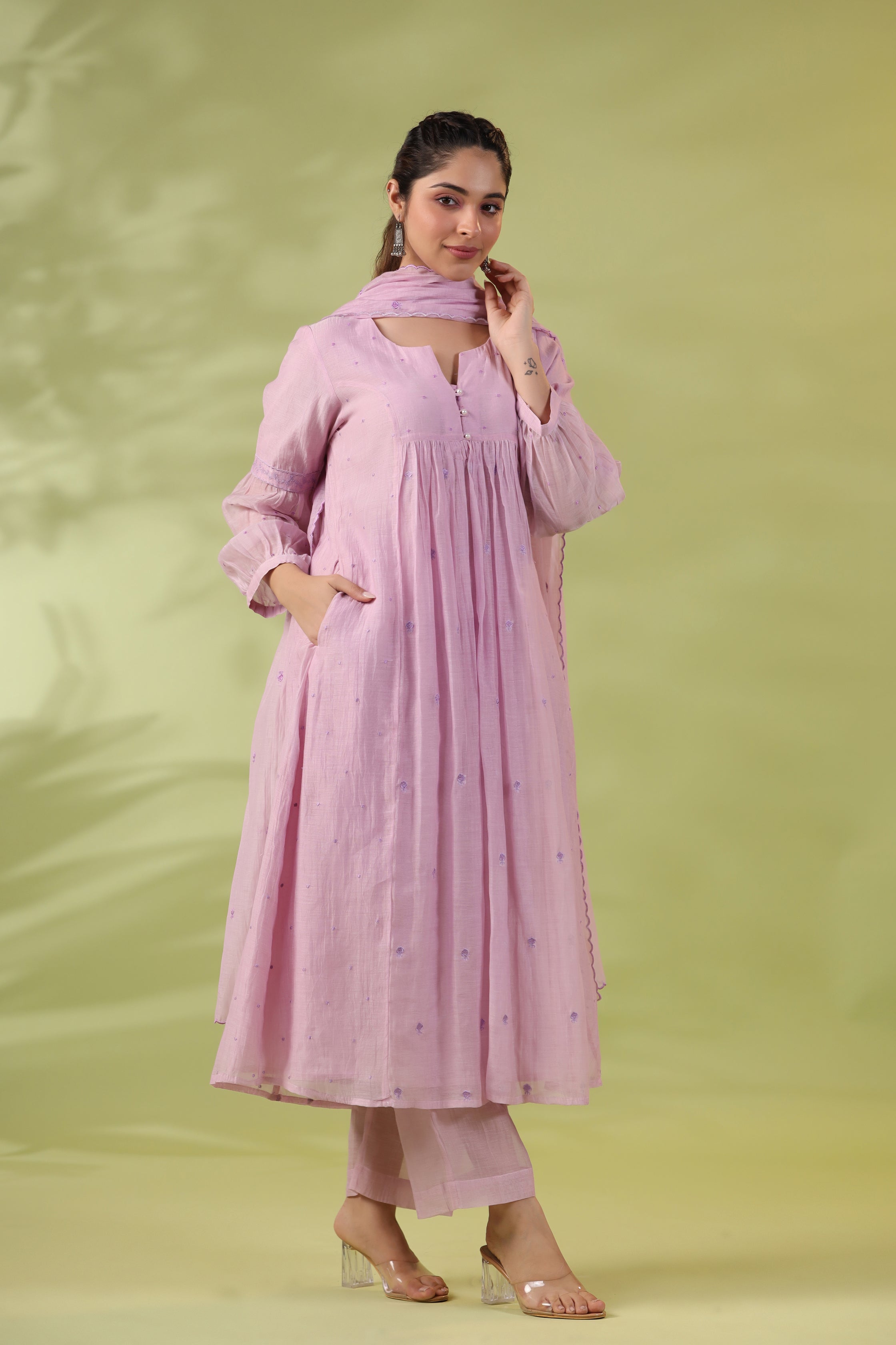 Love Lilac Suit Set with Subtle Embroidery and Gathered Yoke