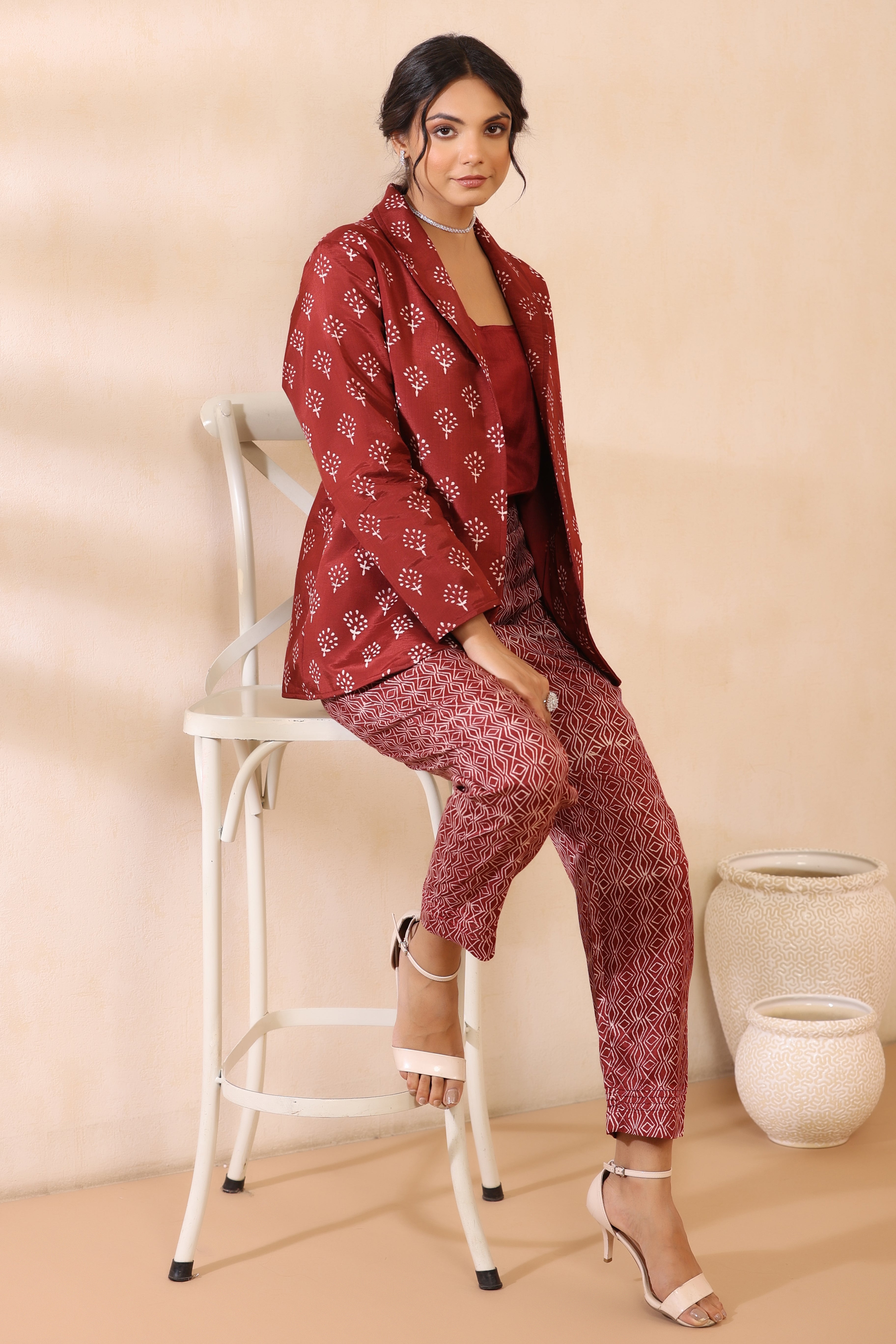 Bandhani Maroon Blazer Set