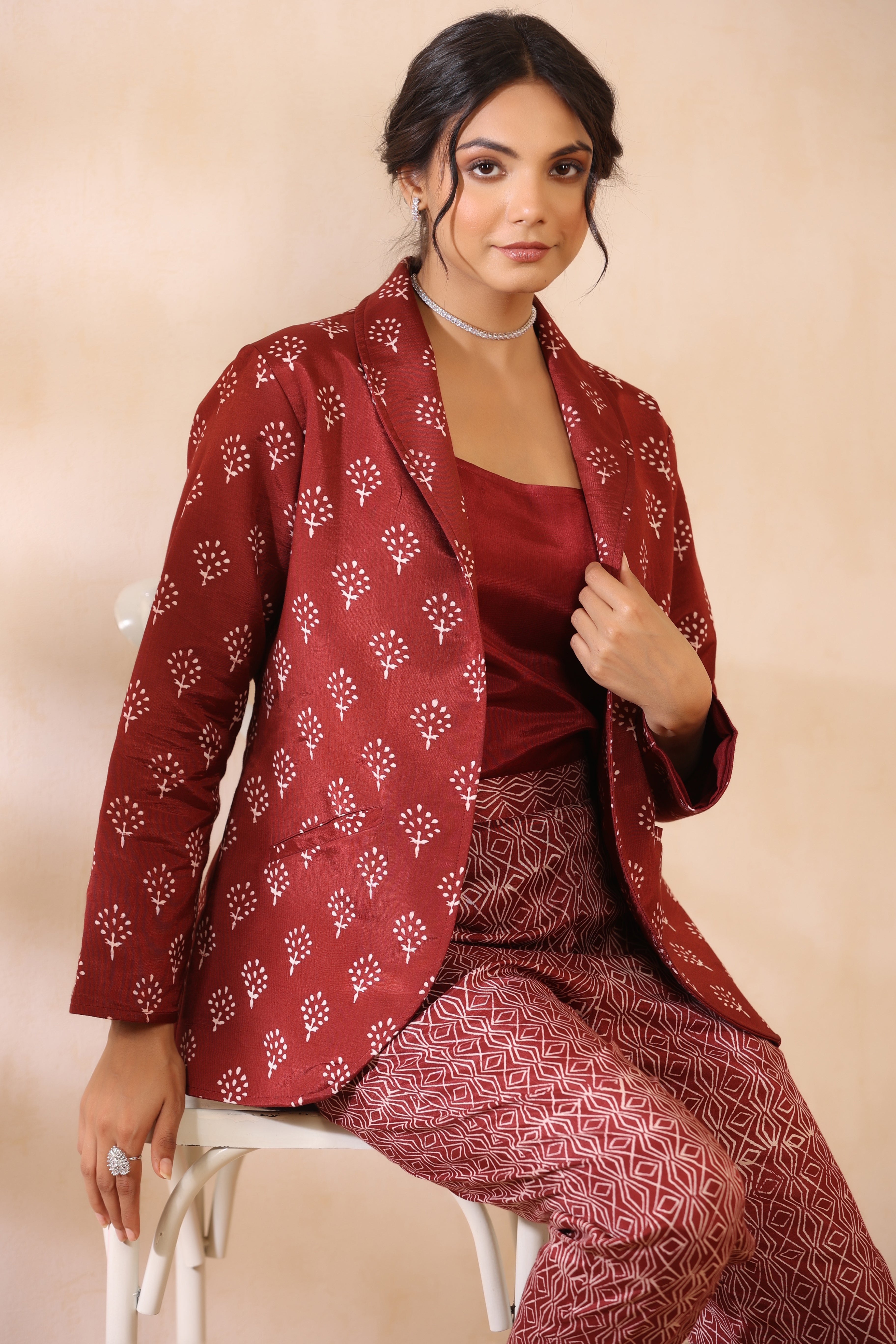 Bandhani Maroon Blazer Set