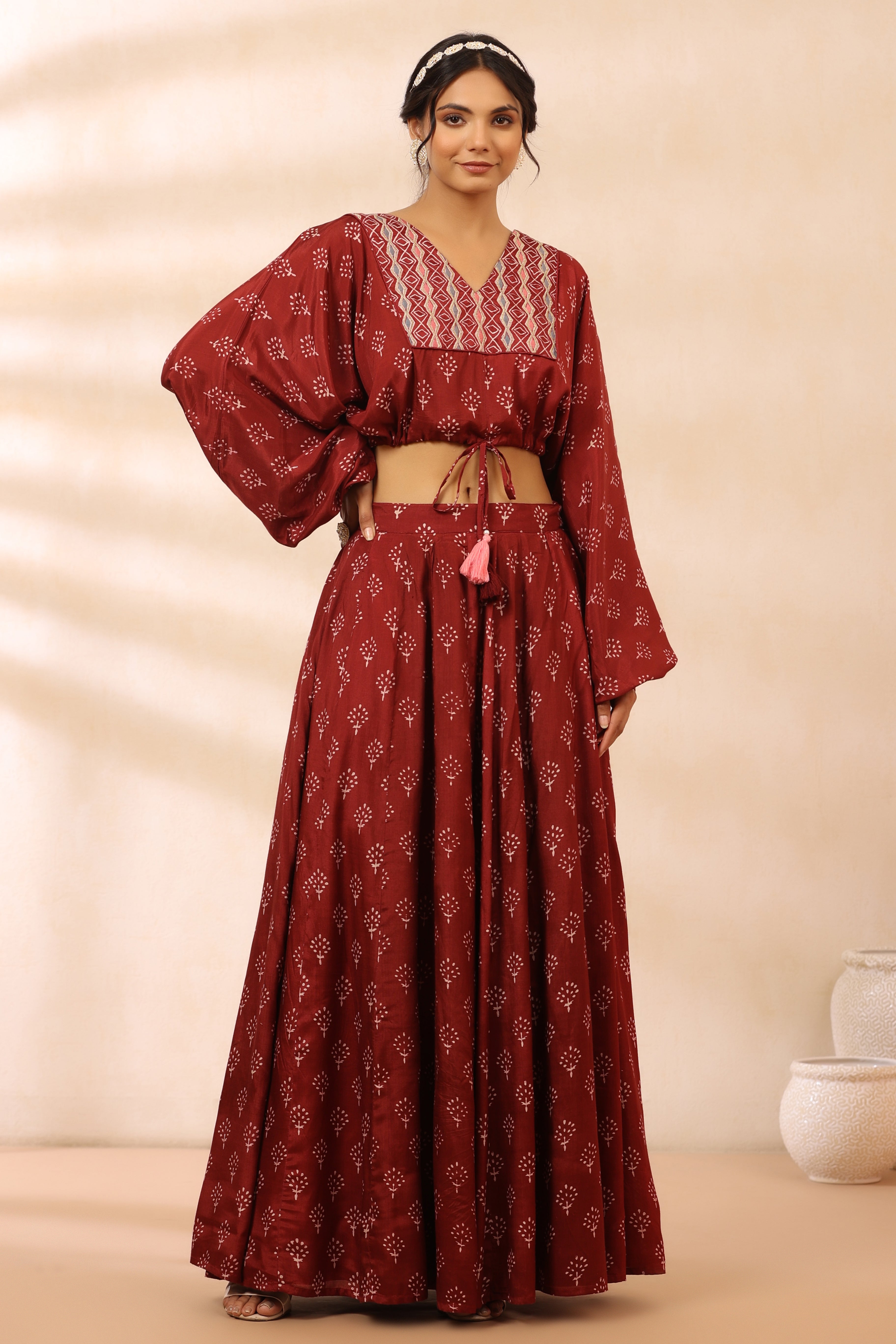 Maroon Balloon Sleeves Lehenga Set