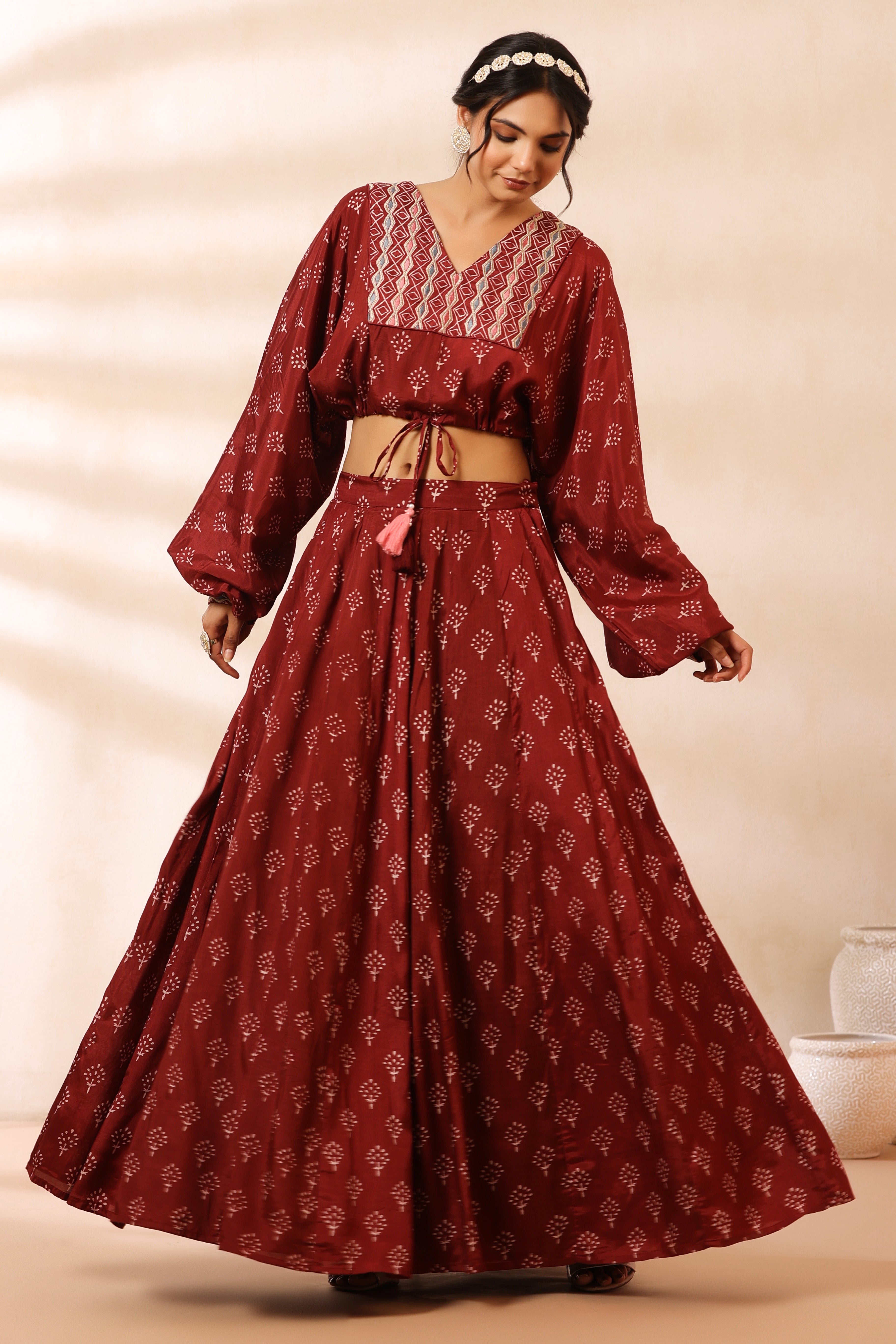 Maroon Balloon Sleeves Lehenga Set