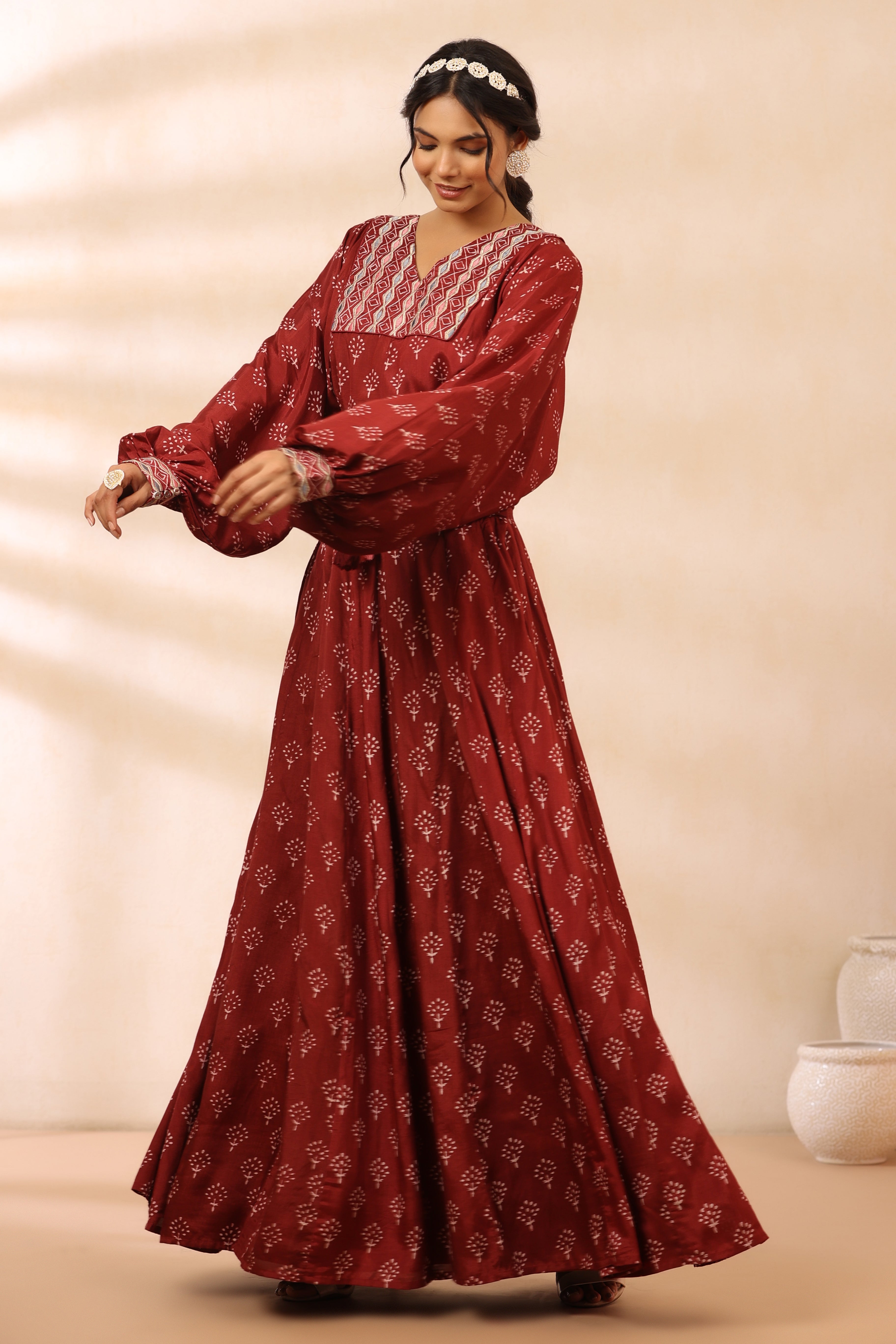 Maroon Balloon Sleeves Lehenga Set