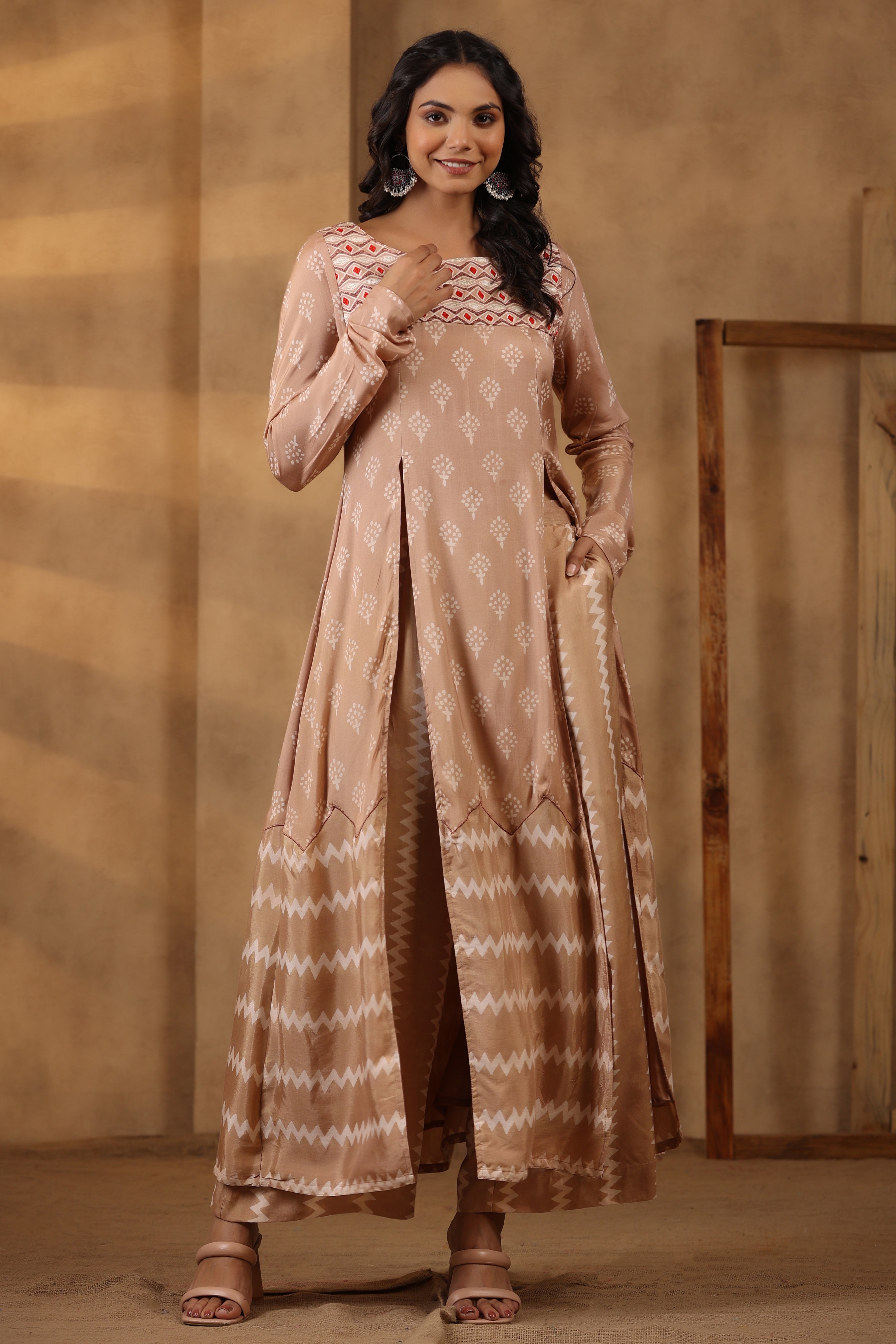 Beige High Slit Kurta Set