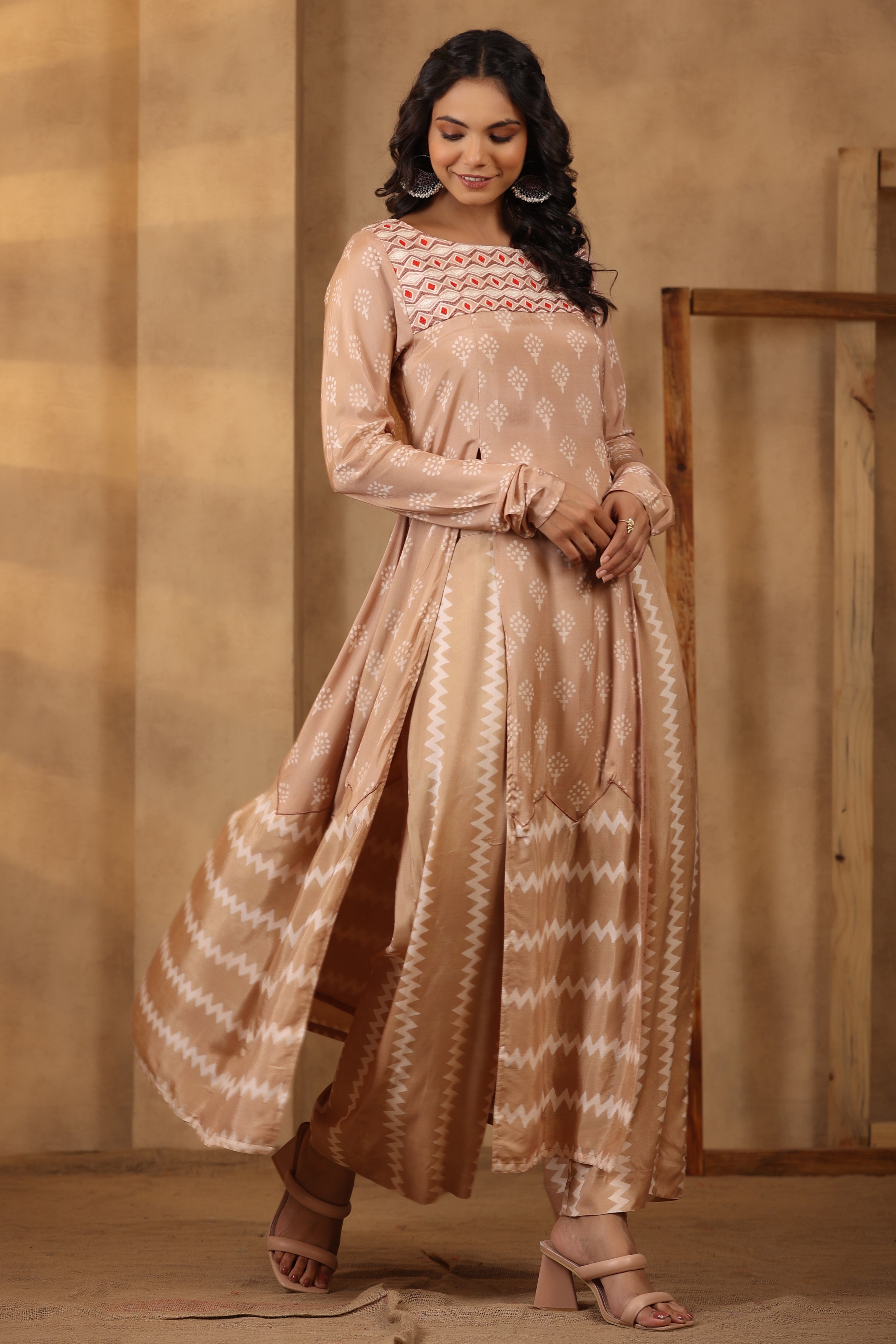 Beige High Slit Kurta Set